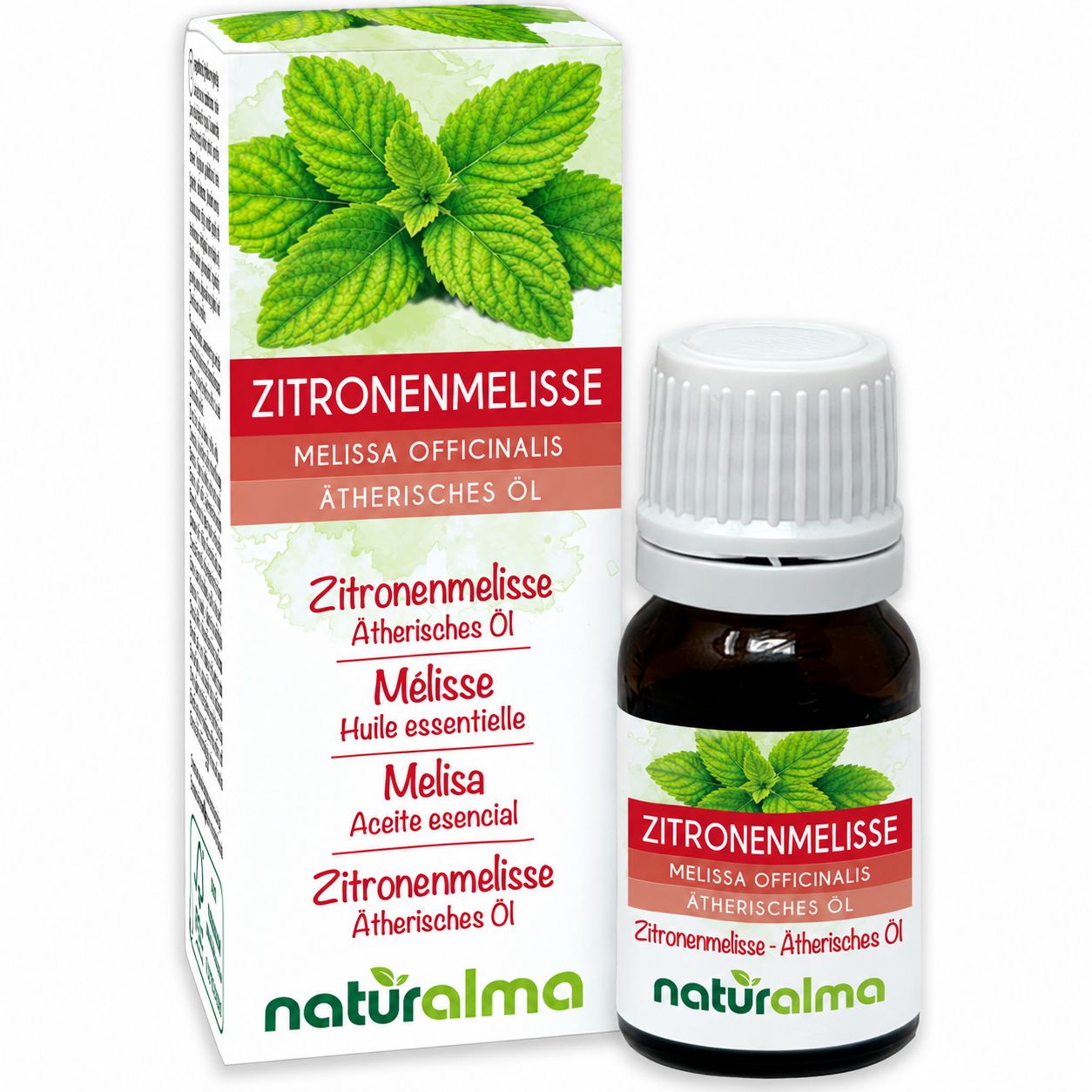 Zitronenmelisse ätherisches Öl Flasche und Karton.