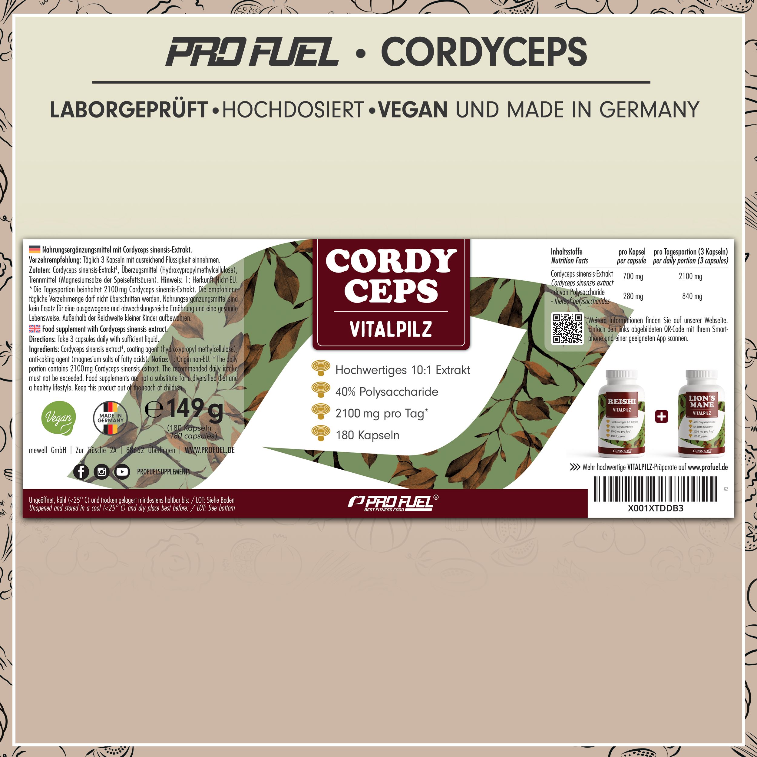 Verpackung mit Cordyceps Vitalpilz Kapseln. Label mit Produktinformationen, Inhaltsstoffen und Logo. Zwei kleine Produktabbildungen.