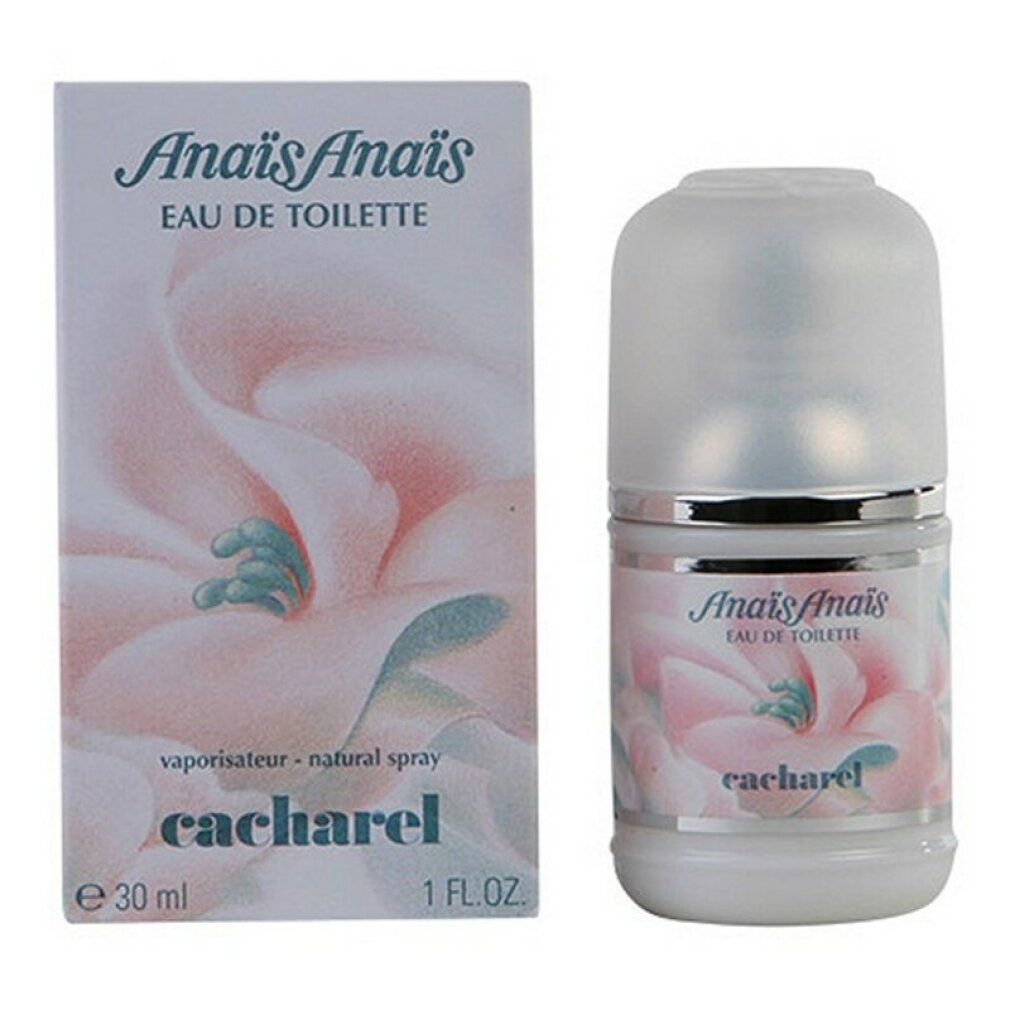 Parfümflasche und Schachtel. Auf der Flasche und Schachtel steht "Anaïs Anaïs Eau de Toilette" und "cacharel".