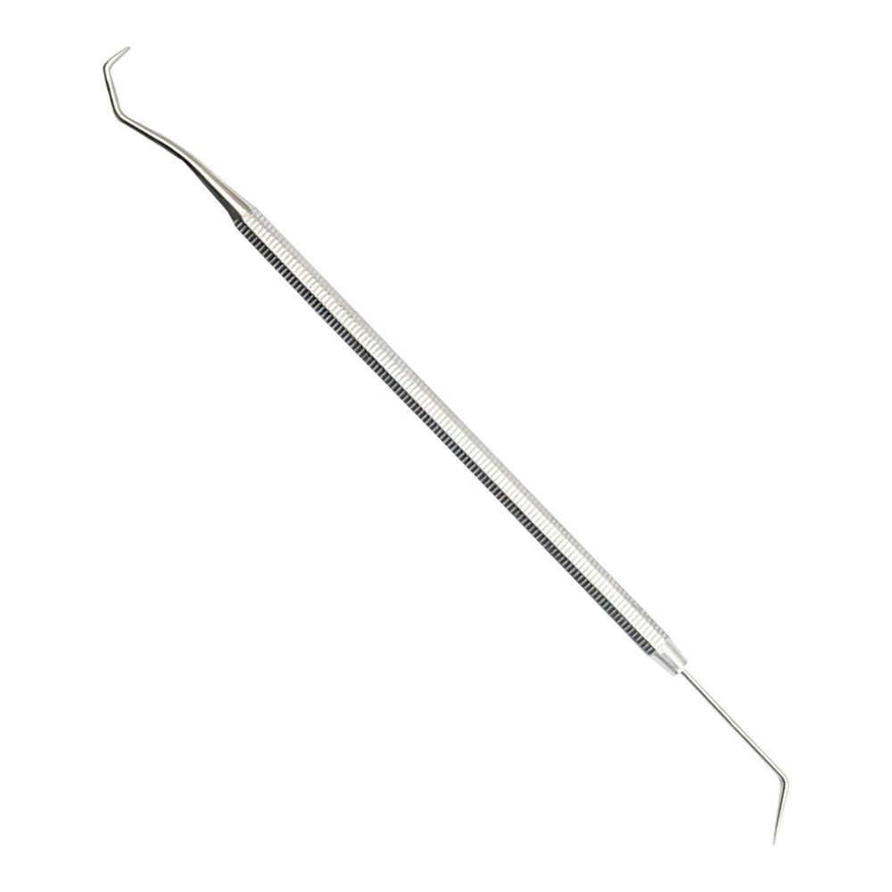 Metall-Eckenheber. Schlanker, länglicher Griff mit geriffelter Oberfläche. An beiden Enden gebogene Spitzen.