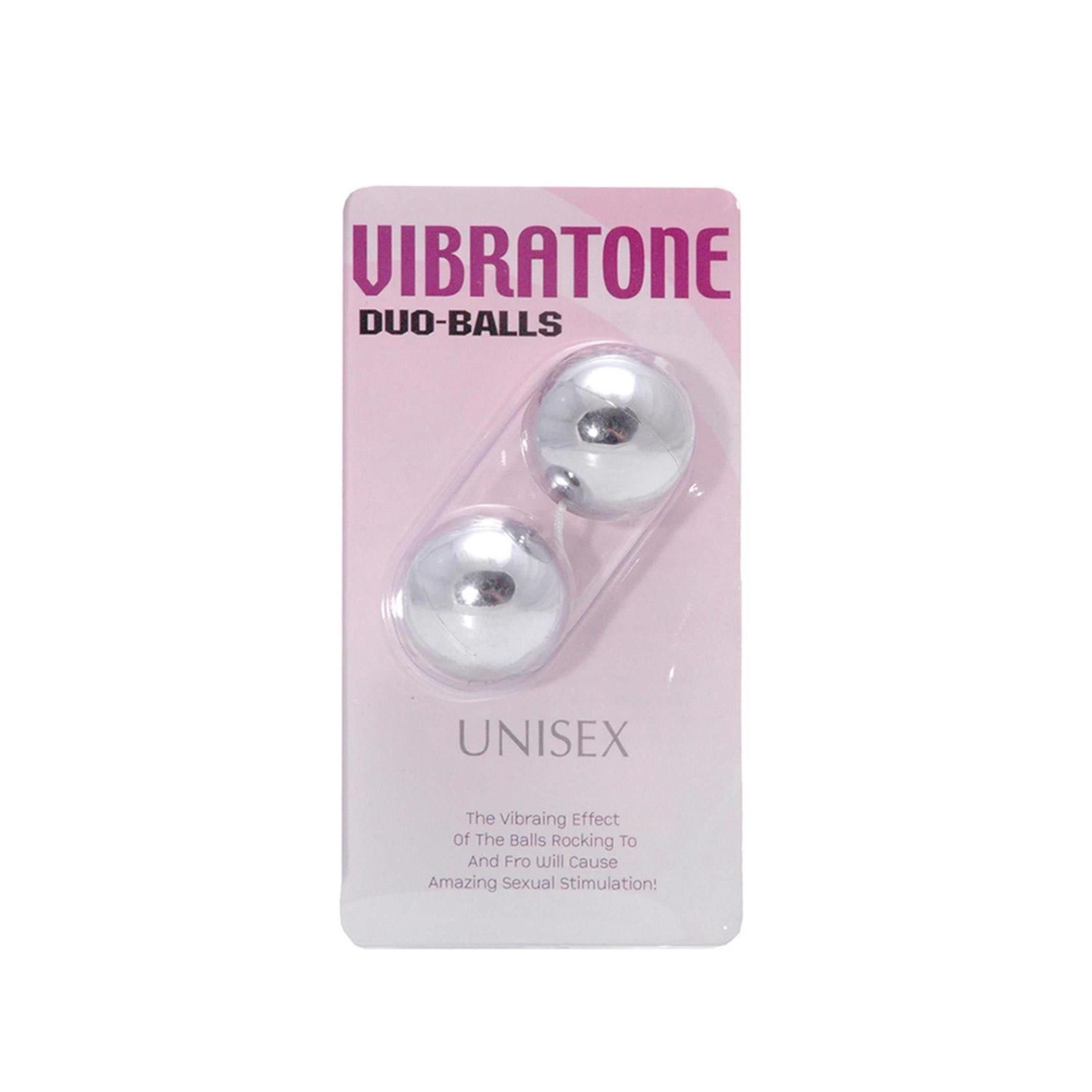 Zwei silberfarbene Kugeln in einer Blisterverpackung. Aufschrift "VIBRATONE DUO-BALLS".