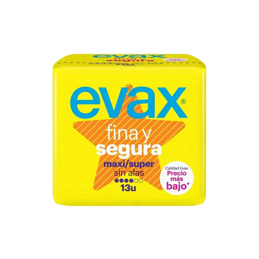 Gelbe Verpackung mit blauem "evax"-Logo, "fina y segura" und Stern. Text: "maxi/super sin alas 13u".