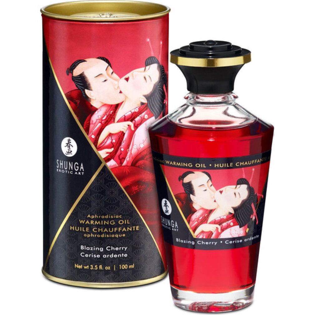Shunga Warming Oil Flasche und Dose mit Kirschmotiv.