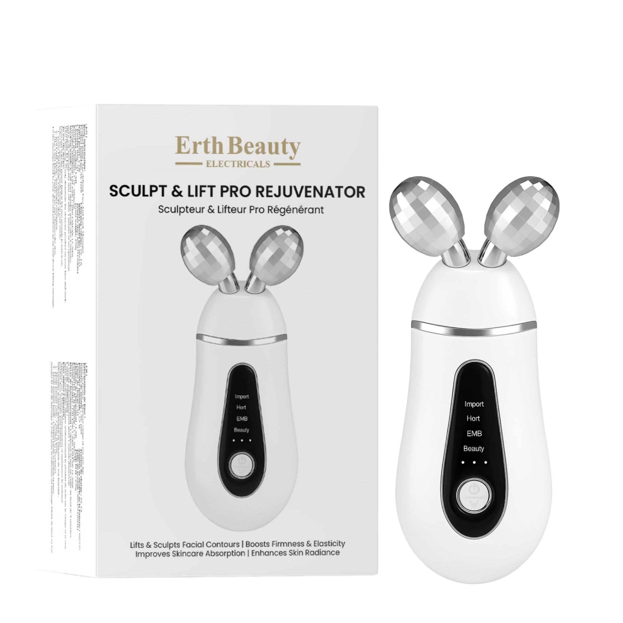 Weißes Gerät mit zwei silbernen Rollen, neben Verpackung. Schriftzug: Erth Beauty, Sculpt & Lift Pro Rejuvenator. Verpackung mit Produktinformationen.