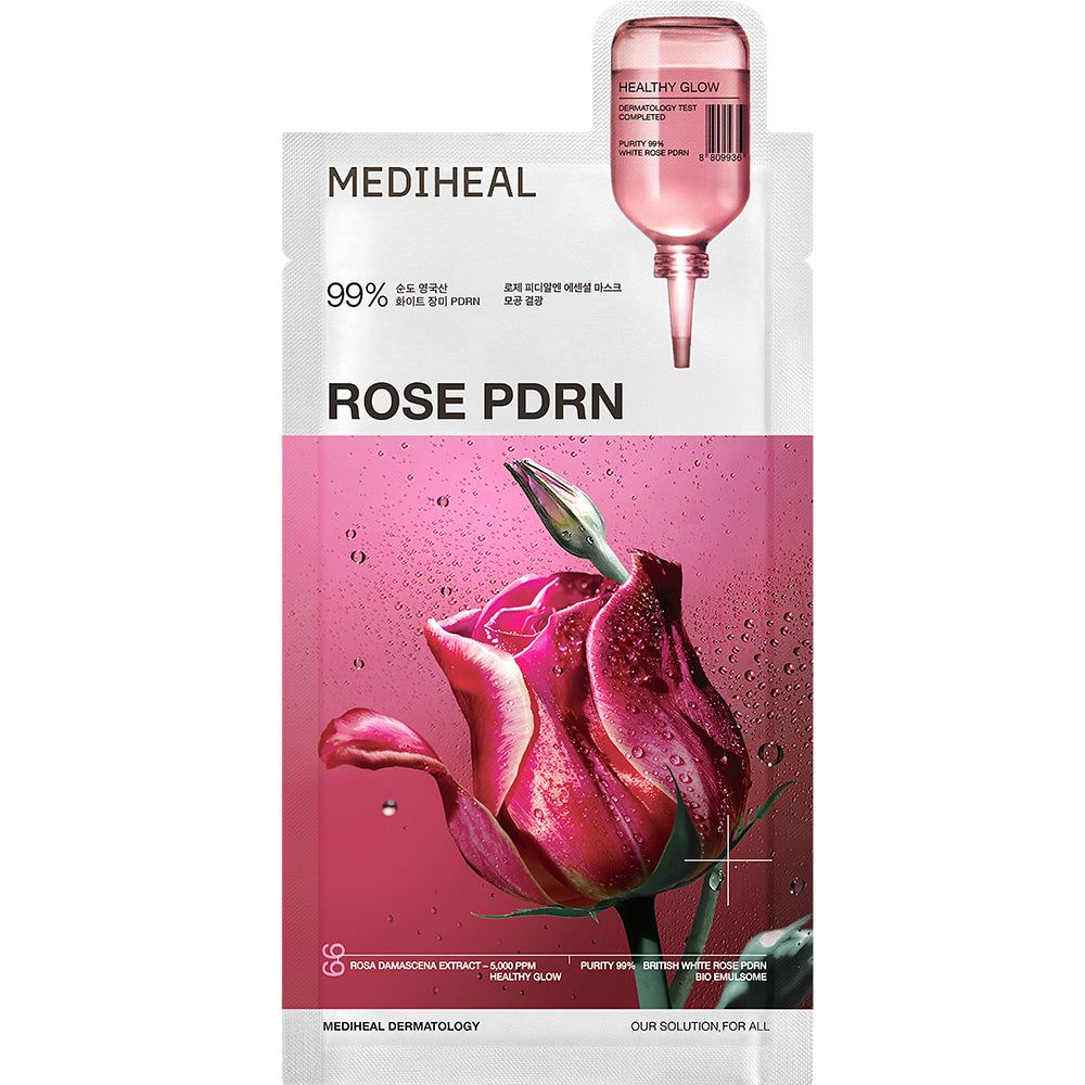 Verpackung der MEDIHEAL Rose PDRN Essential Tuchmaske. Rosa Design mit Rose und Produktinformationen. Abbildung einer Ampulle.