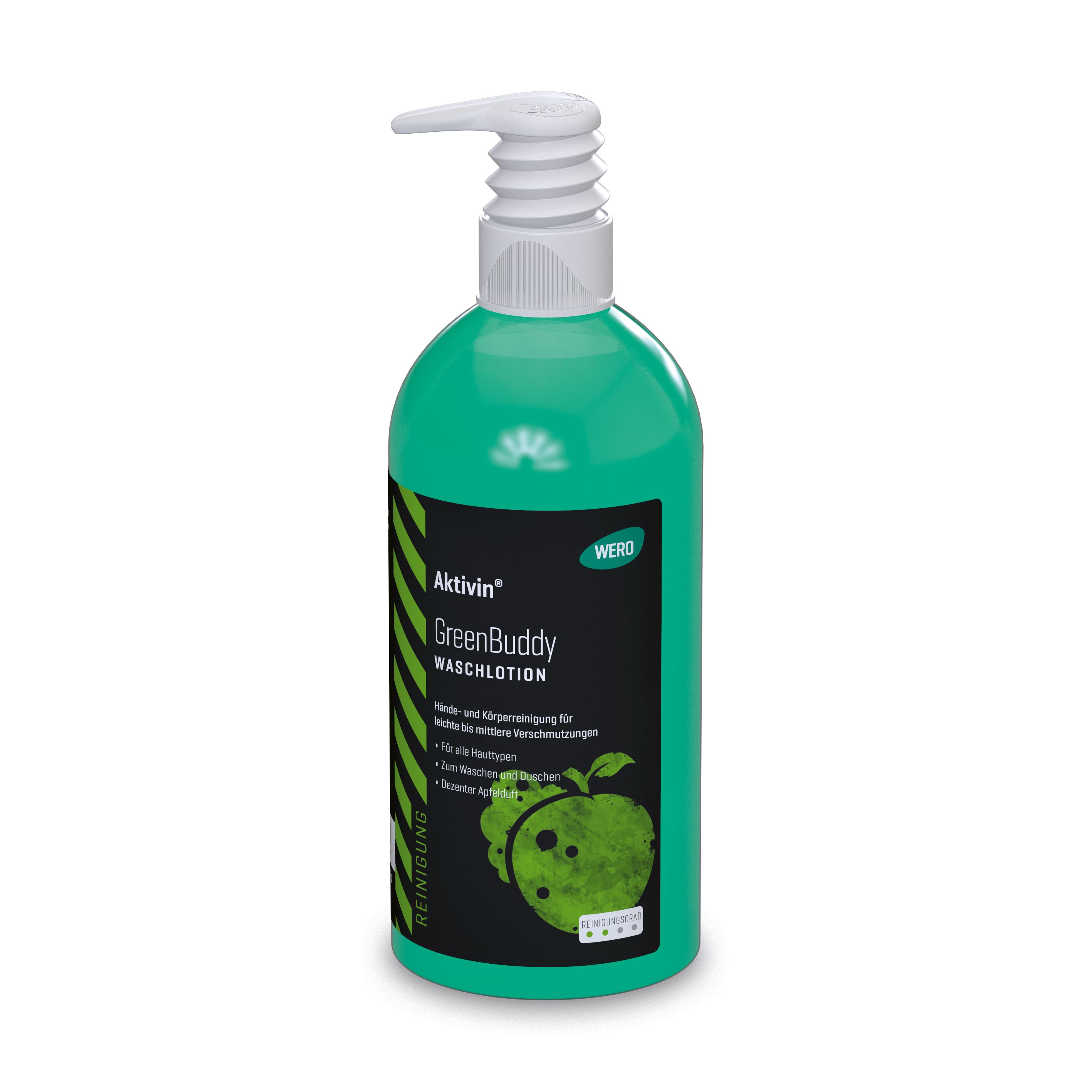 Grüne Flasche mit weißem Pumpkopf. Aufkleber mit Produktnamen und Apfel-Illustration. Text: Aktivin GreenBuddy Waschlotion.