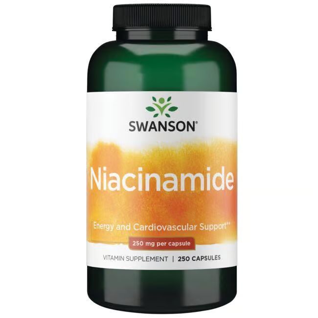 Grüne Flasche mit weißem Etikett. Aufschrift: SWANSON, Niacinamid, 250 mg. Vitamin-Ergänzungsmittel. Enthält 250 Kapseln.