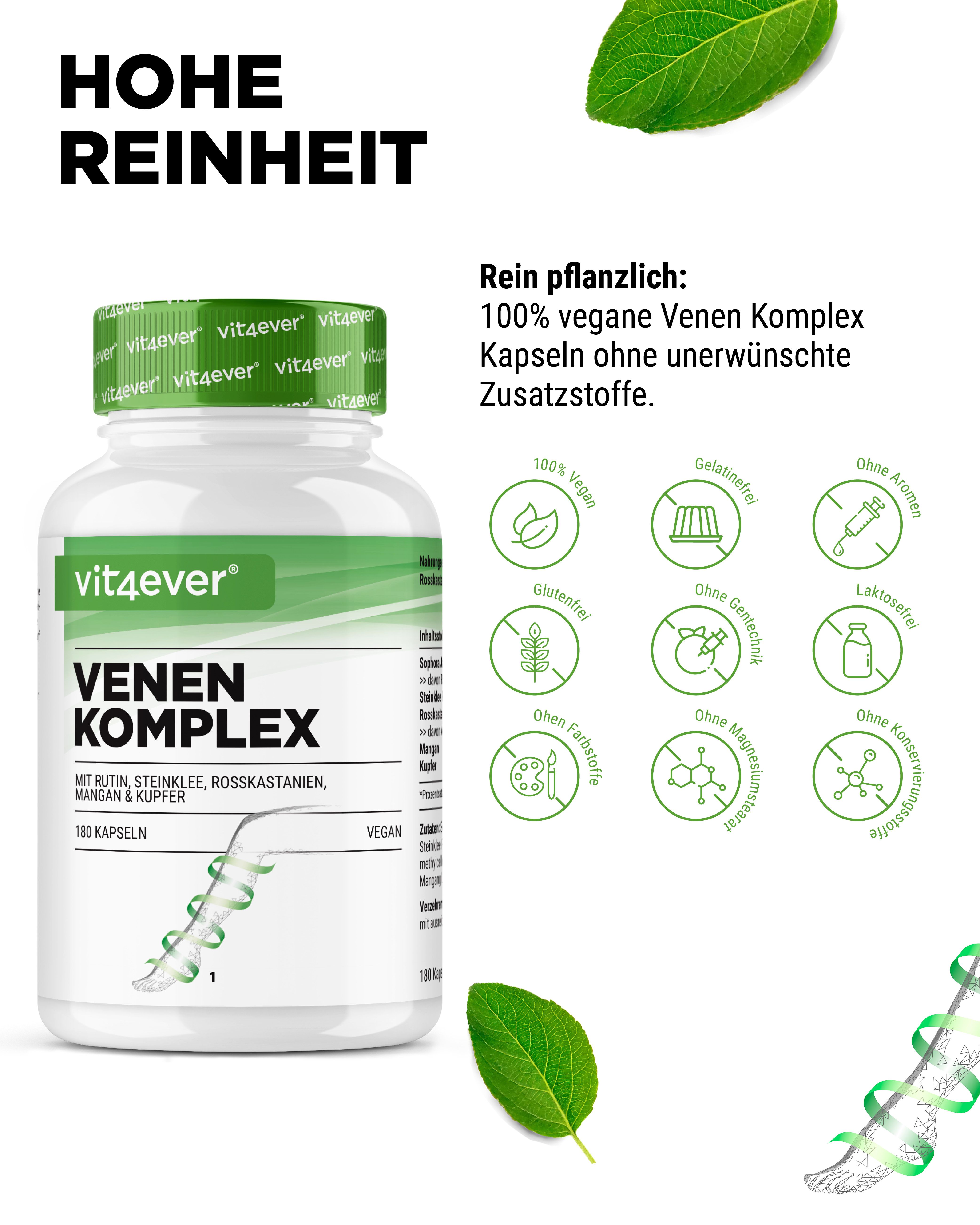Weißes Pillenbehälter mit grünem Deckel. Aufschrift: Venen Komplex. 180 Kapseln. Vegan. Text: Hohe Reinheit.