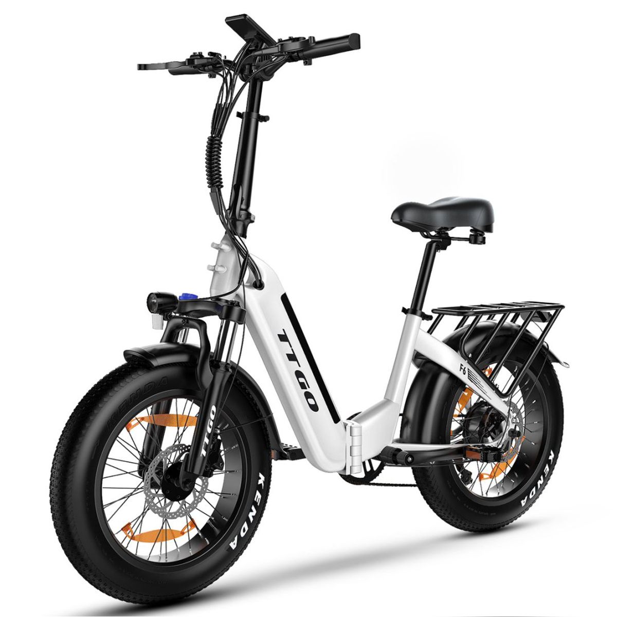 Faltbares E-Bike, weiß und schwarz. Marke TTGO. Schwarze Reifen mit Kenda-Schriftzug. Vorder- und Rücklicht. Gepäckträger.