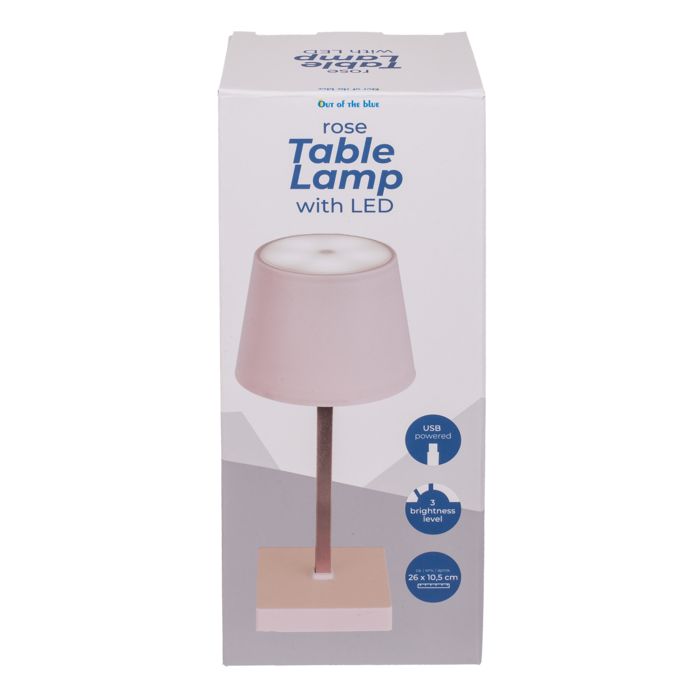 Verpackung der Tischlampe mit LED. Text: 'rose Table Lamp with LED'. Abbildung der Lampe und Details.