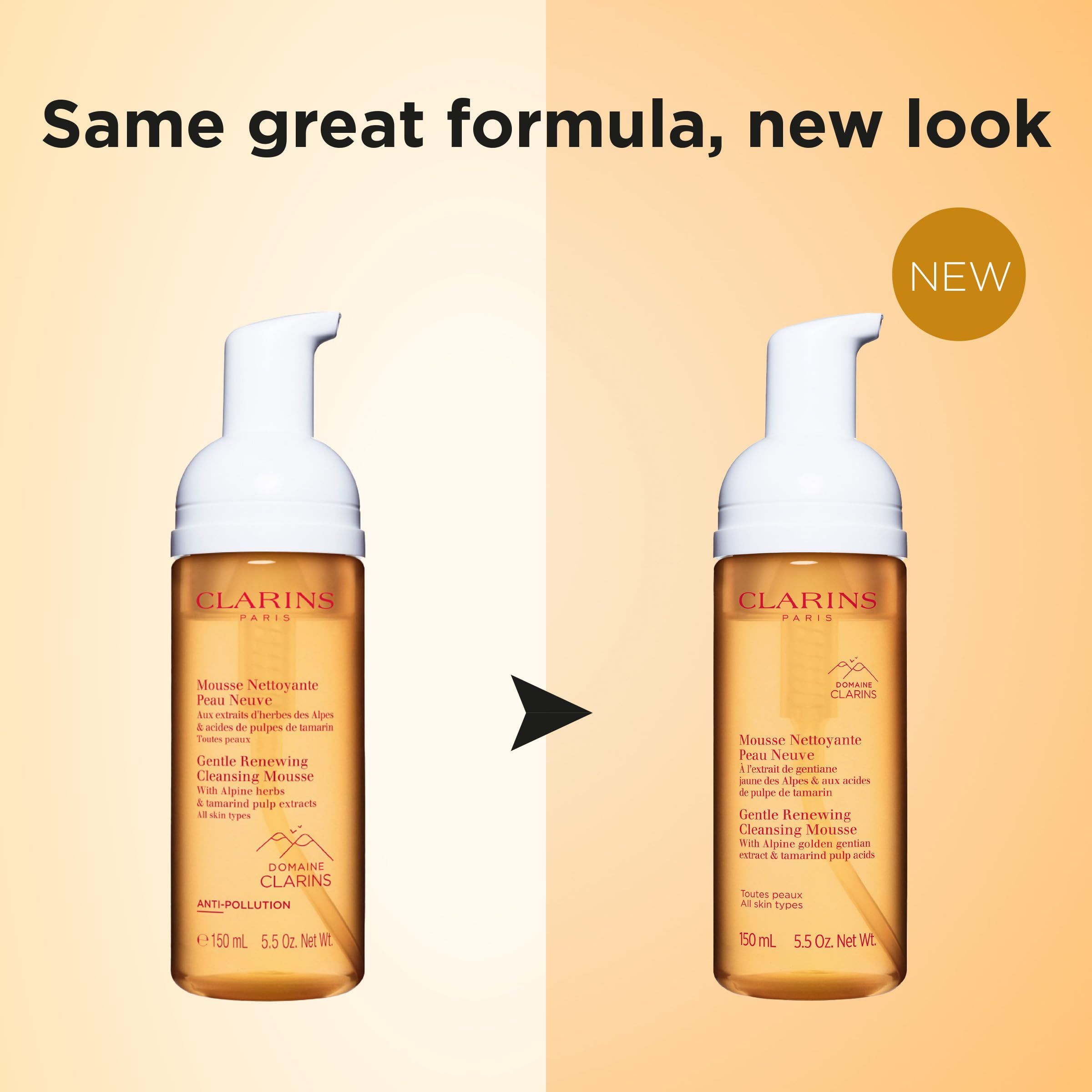 Vergleich von Clarins Reinigungsmousse. Links: altes Design. Rechts: neues Design. Text: Mousse Nettoyante Peau Neuve, Gentle Renewing Cleansing Mousse.
