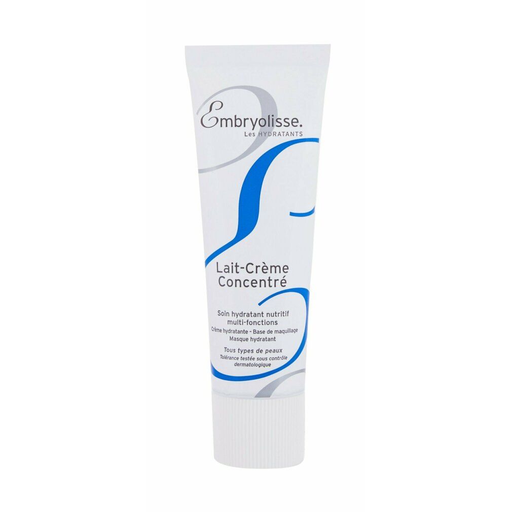 Embryolisse Lait-Crème Concentré Tube. Weißer Schlauch mit blauen Akzenten und Text.