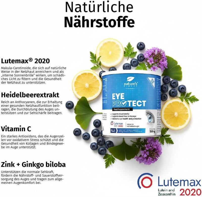 Produkt-Dose "Eye Protect" mit Inhaltsangaben. Text: Food Supplement. Inhaltsstoffe: Bilberry, Vitamin C, Zink, Lutein.