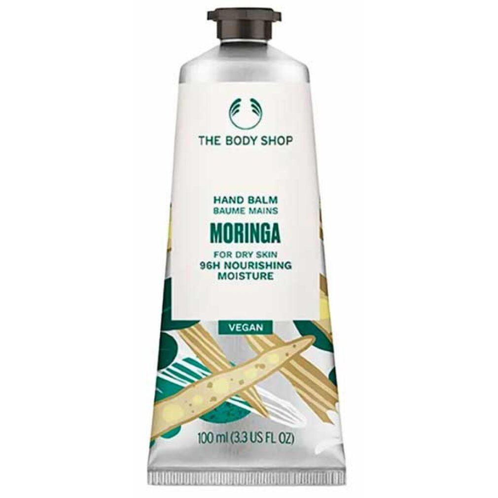 Tube Handbalsam. Aufschrift: Hand Balm, Moringa, für trockene Haut, 96H Feuchtigkeit. Marke: The Body Shop. Vegan.
