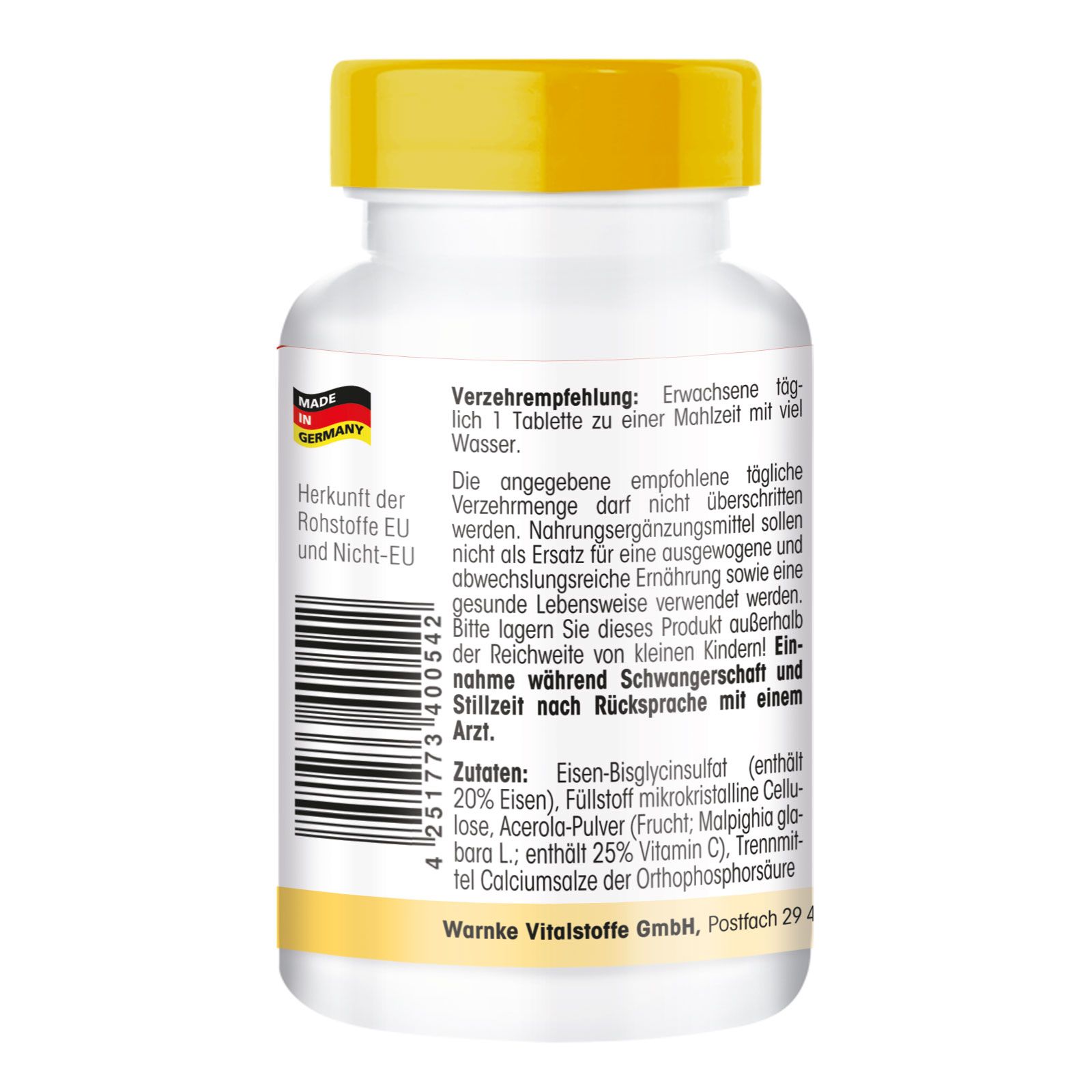 Rückseite der Pillenflasche. Text: Verzehrempfehlung, Zutaten, Herkunft EU und Nicht-EU. Made in Germany. Barcode.