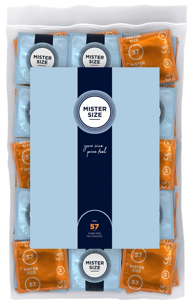Verpackung mit Kondomen. Blaue und orangefarbene Einzelverpackungen. Aufdruck: Mister Size, 57.