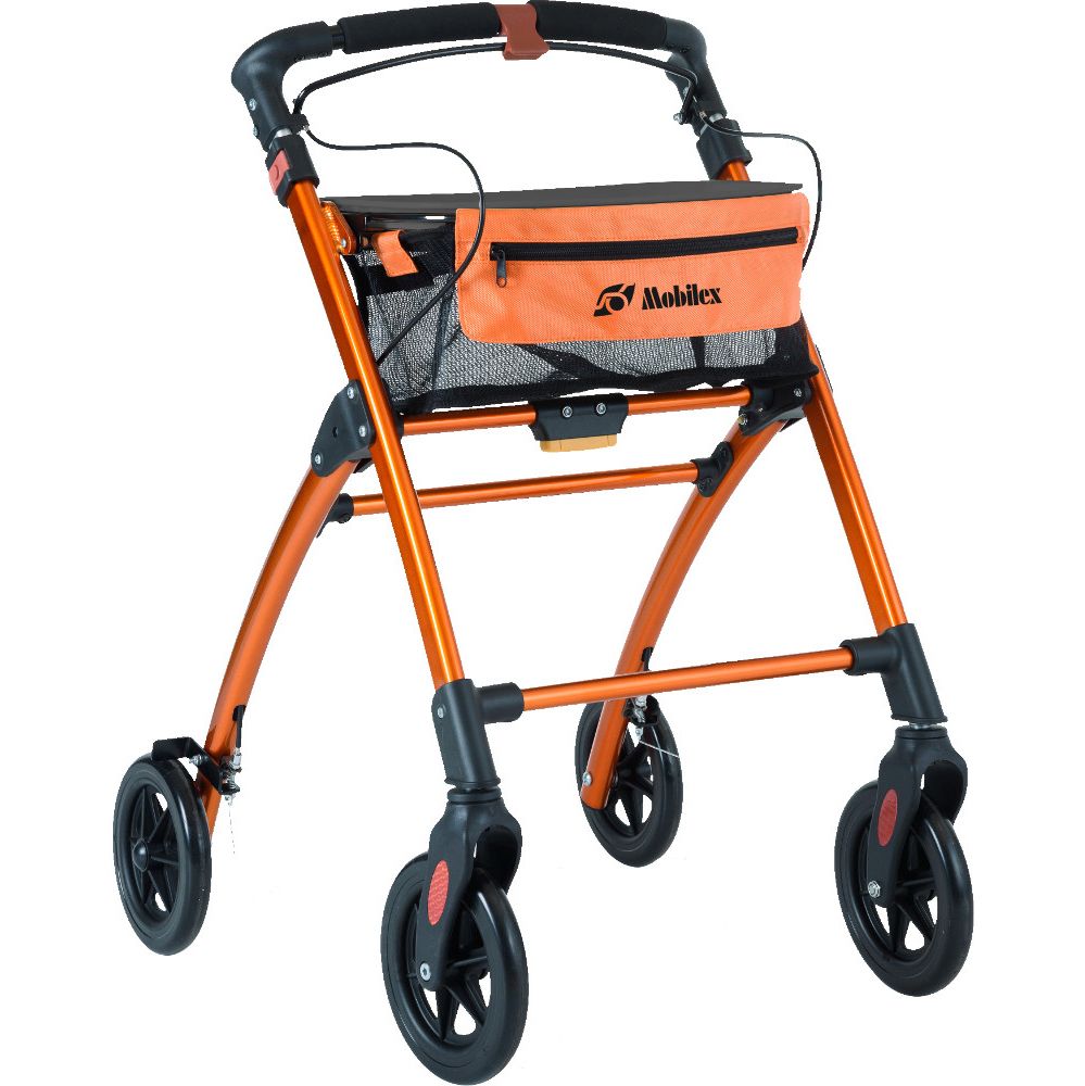 Orangefarbener Mobilex Indoor Rollator Jaguar mit schwarzem Korb und Rädern. Logo auf der Tasche.