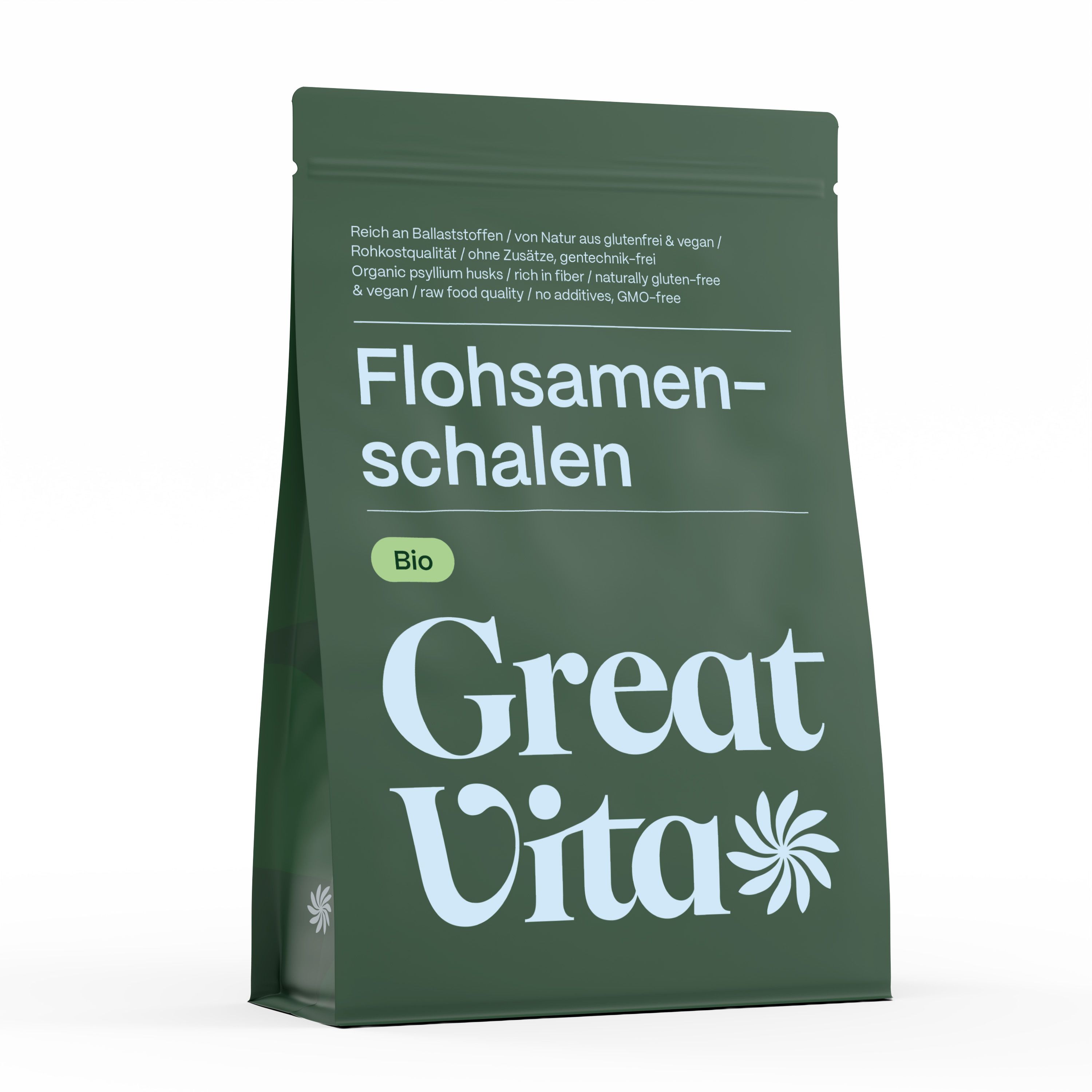 Grüne Verpackung mit dem Logo von GreatVita und der Aufschrift 'Flohsamenschalen Bio'.