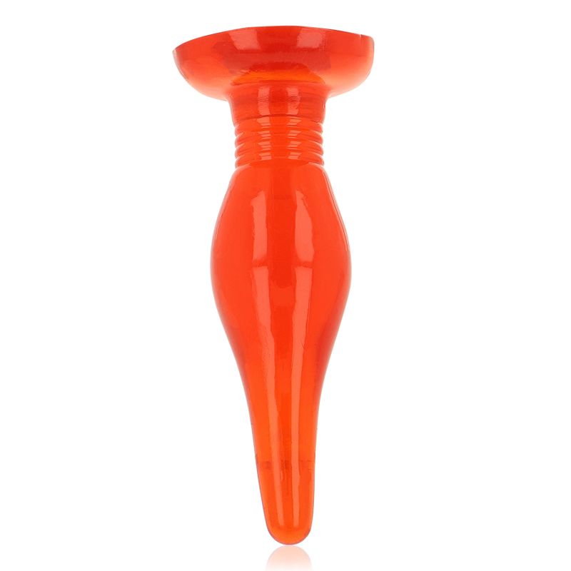 Orangefarbener Analplug mit breiter Basis und gerilltem Hals.