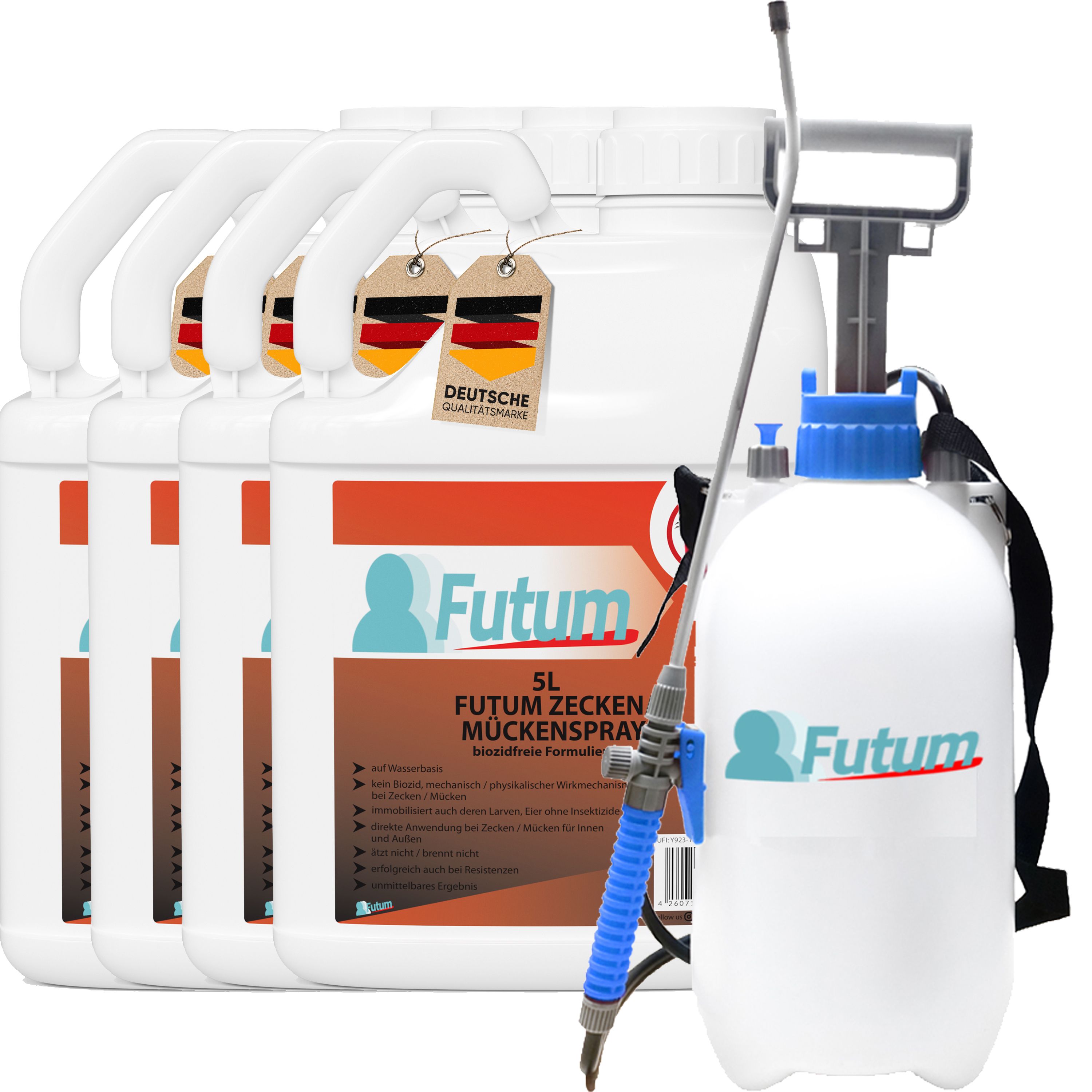 FUTUM 4x5L Zecken- / Mückenspray + 5L Sprüher