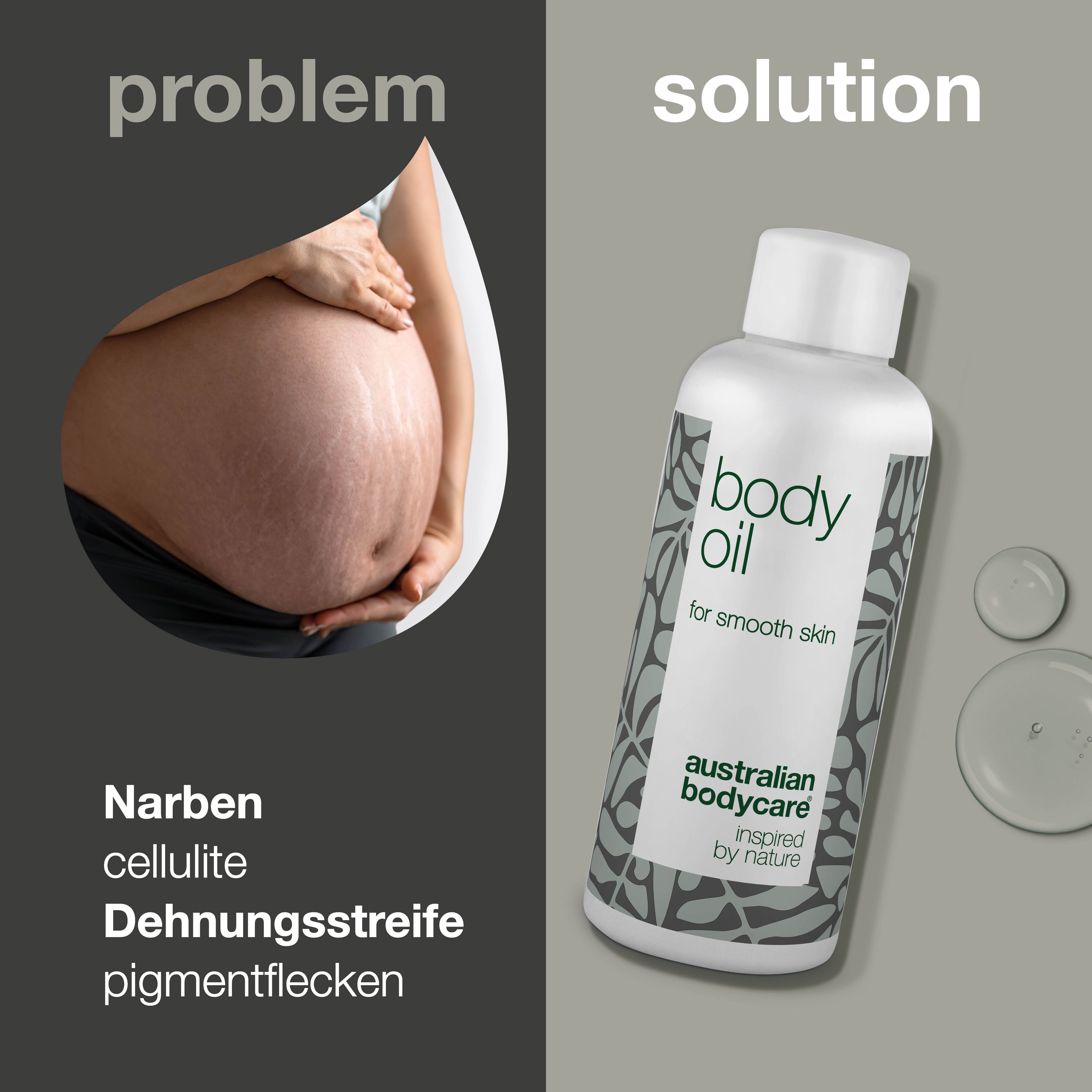 Schwangere Frau und Flasche. Aufschrift: body oil, for smooth skin, australian bodycare.