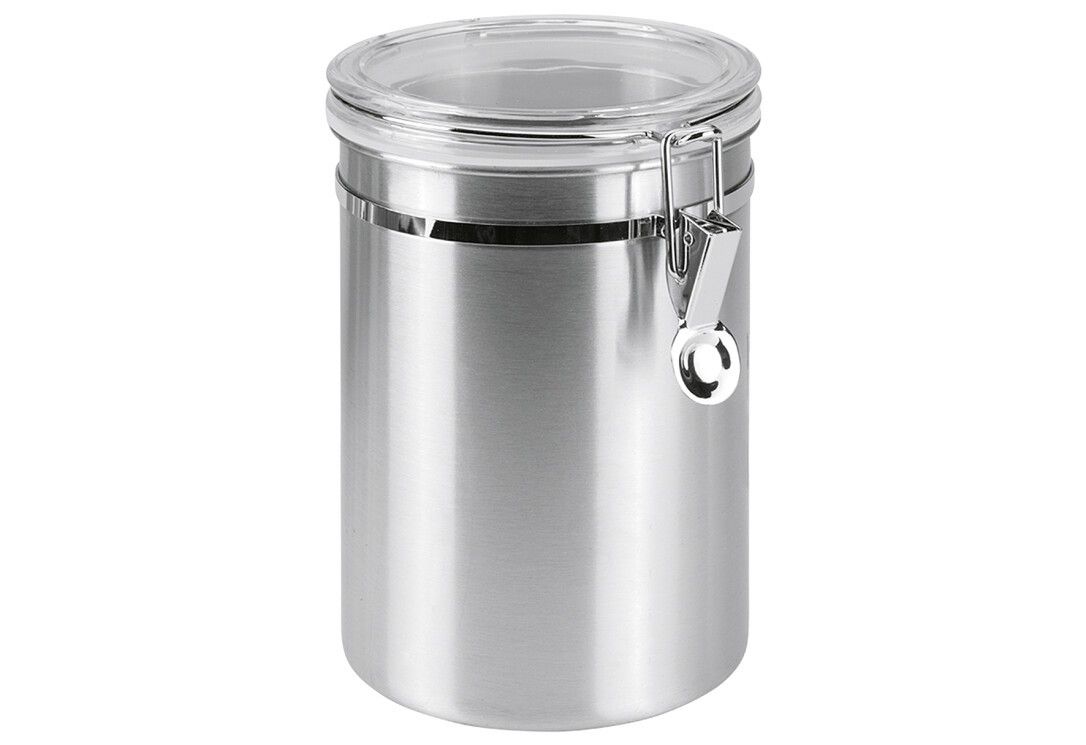 Zylindrischer Behälter aus Edelstahl mit transparentem Deckel und Verschluss. Der Behälter hat einen Metallverschluss.