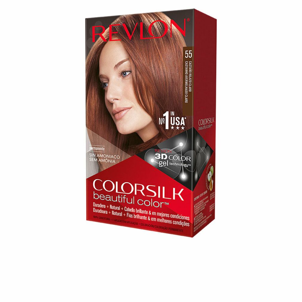 Revlon Colorsilk Haarfarbe, Farbton 55 Light Reddish Brown. Verpackung mit Frau, die das Ergebnis zeigt. Ohne Ammoniak.