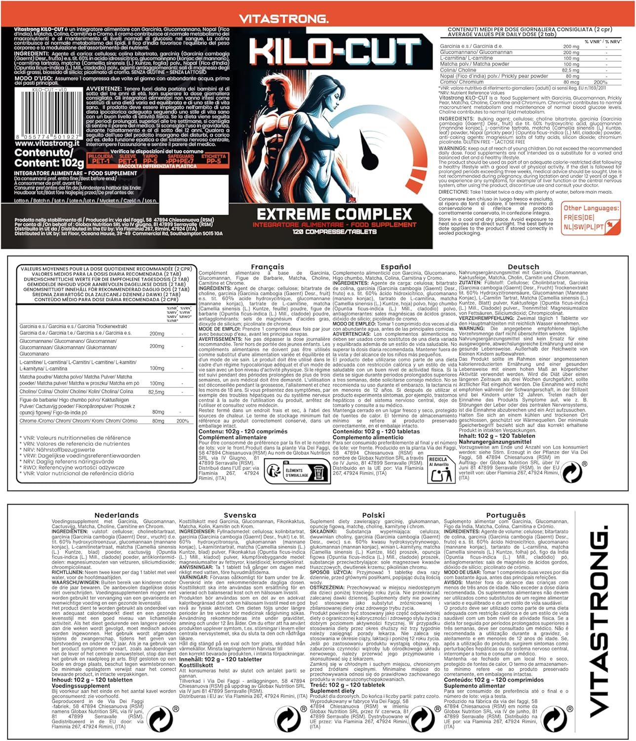 Rückseite der Verpackung. Vitastrong KILO-CUT. Informationen zu Inhaltsstoffen und Nährwerten. Mehrsprachige Texte.