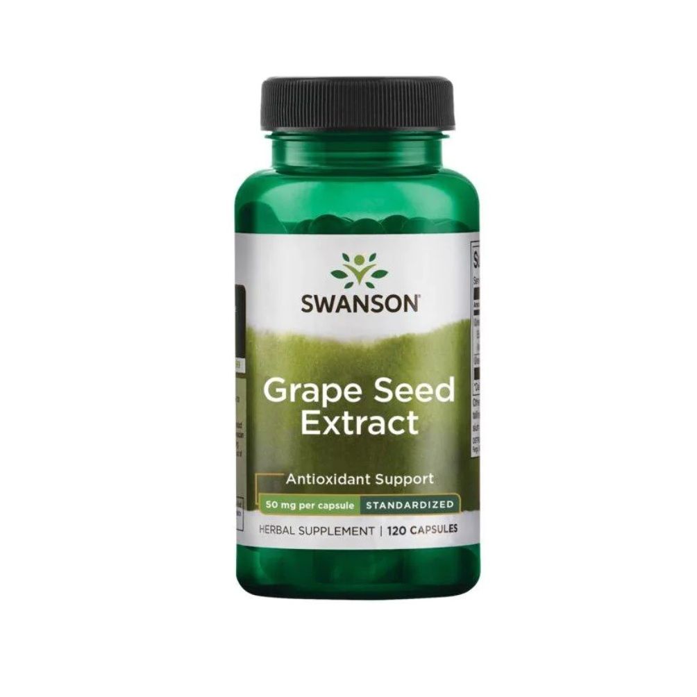 Grüne Flasche mit schwarzem Deckel. Aufschrift: SWANSON Grape Seed Extract, Antioxidant Support, 120 Kapseln.