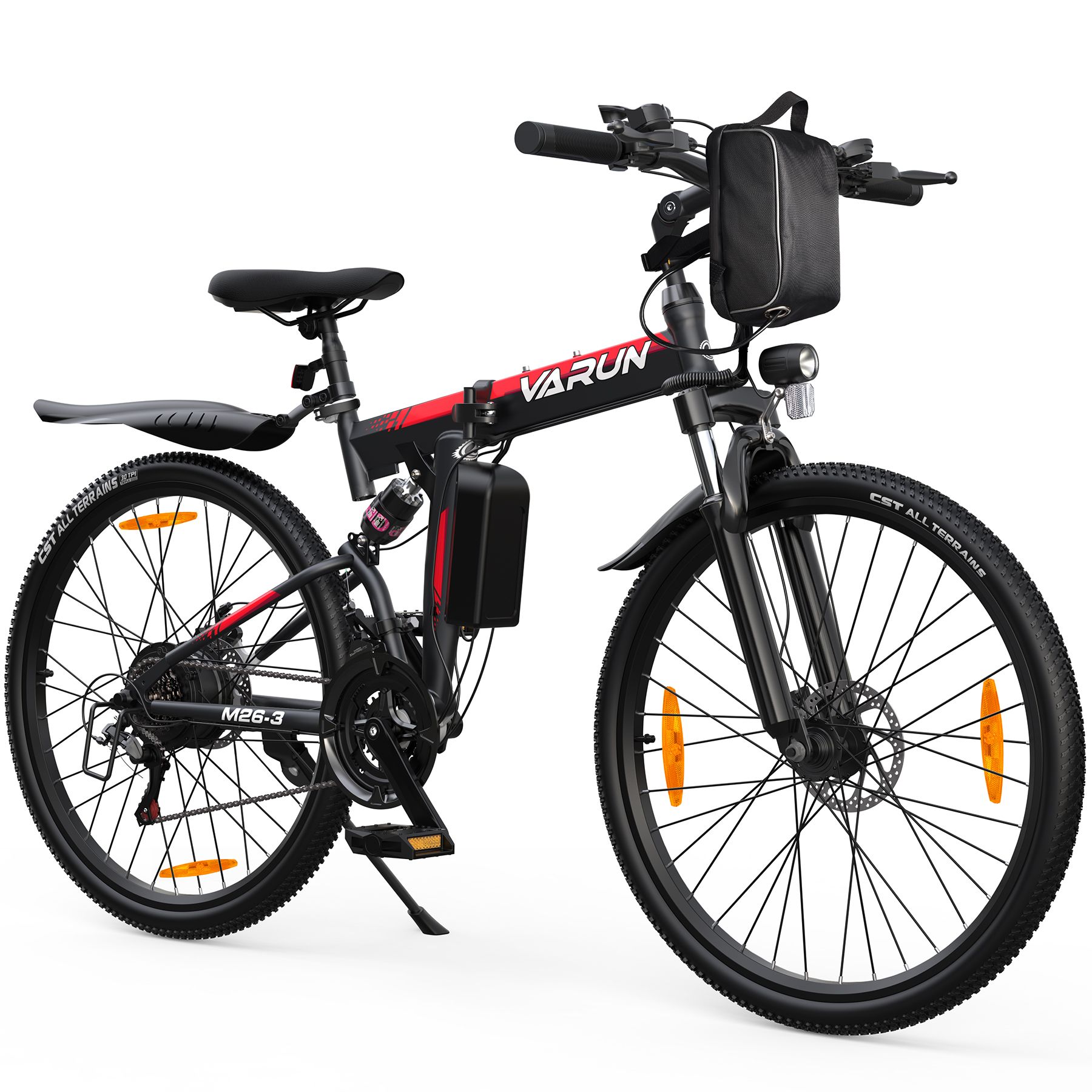 Schwarzes VARUN M26-3 E-Bike mit roter Akzentfarbe. Mit Gepäckträger, Frontlicht und Schutzblechen. 21-Gang-Schaltung.