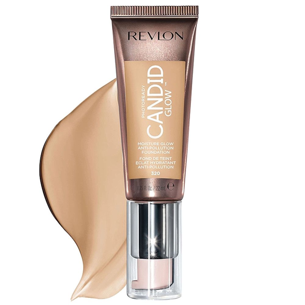Revlon PhotoReady Candid Glow Foundation. Tube mit Produkt und Farbprobe. Text: CANDID GLOW, Anti-Pollution, Farbton 320.