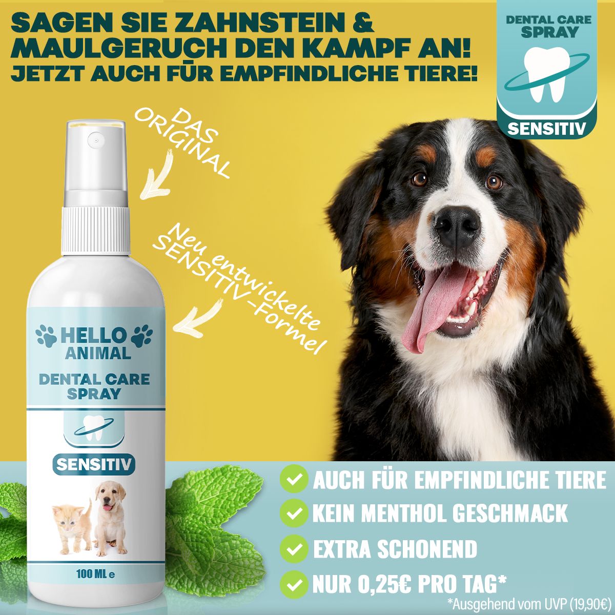 Werbebild mit Hund und Sprühflasche. Text: Dental Care Spray Sensitiv, auch für empfindliche Tiere, kein Menthol-Geschmack.