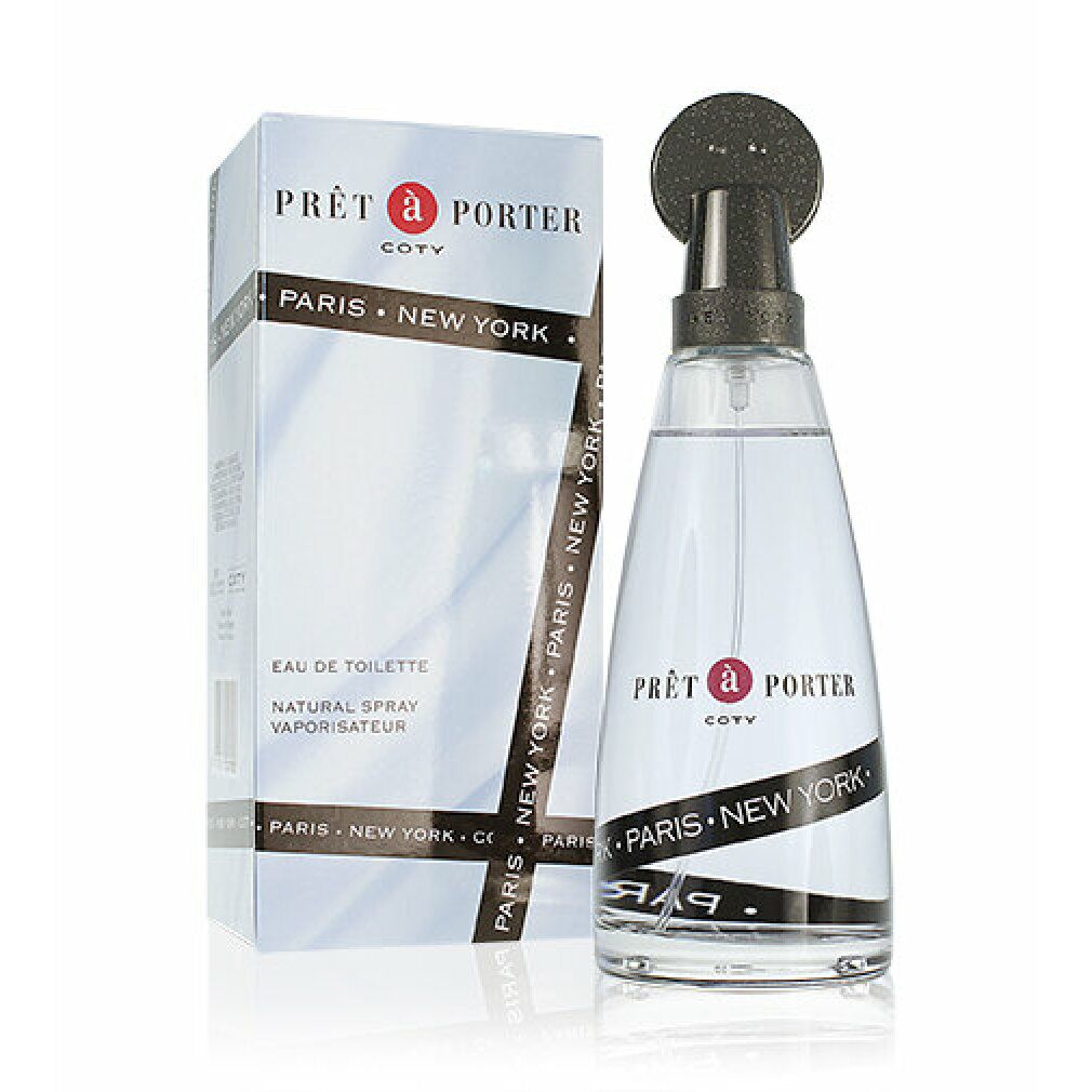 Flakon und Verpackung von Coty Prêt à Porter. Flakon mit schwarzem Sprühkopf. Verpackung mit Produktnamen und Schriftzug.