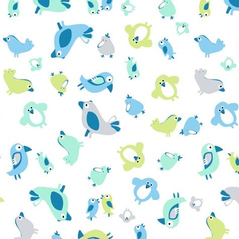 Musselin-Pflegetuch mit Vogelmuster. Weißer Hintergrund mit blauen, grünen und grauen Vogel-Illustrationen.