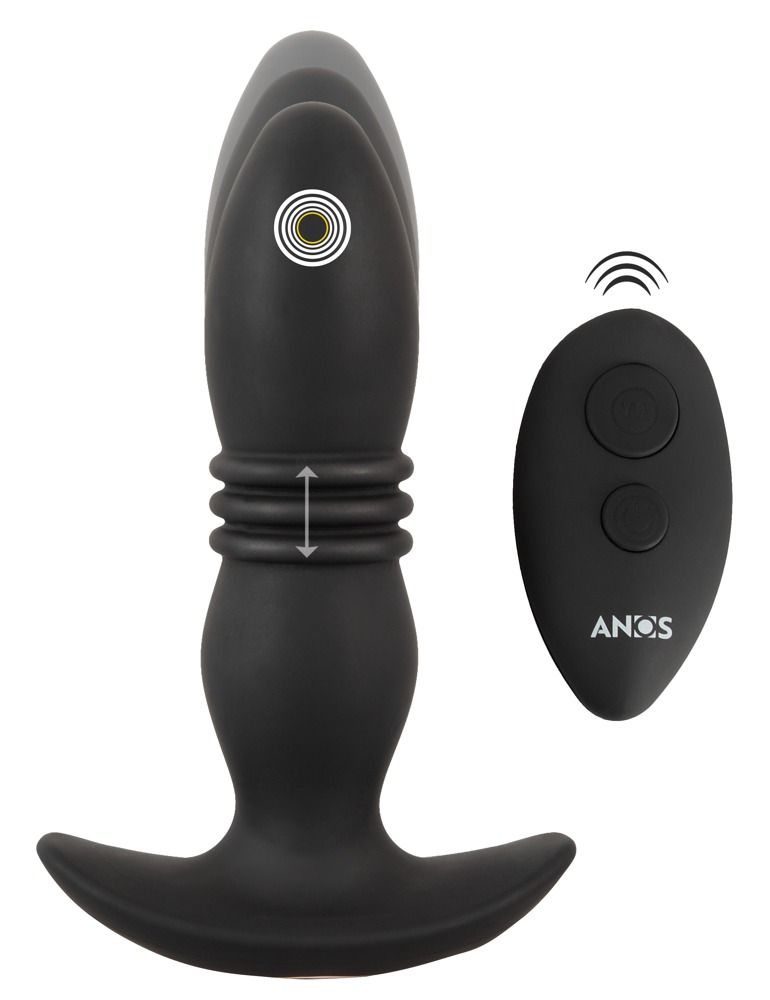 Schwarzes Wellness-Produkt mit Fernbedienung. Produkt mit geriffelter Mitte und T-förmiger Basis. Fernbedienung mit zwei Knöpfen.