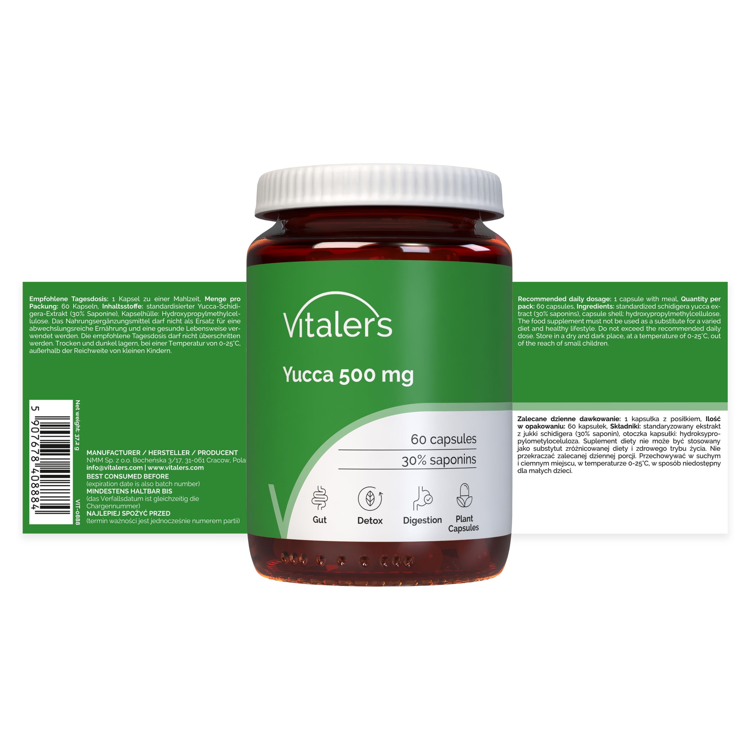 Vitaler's Yucca 500 mg Behälter und Verpackung. 60 Kapseln.