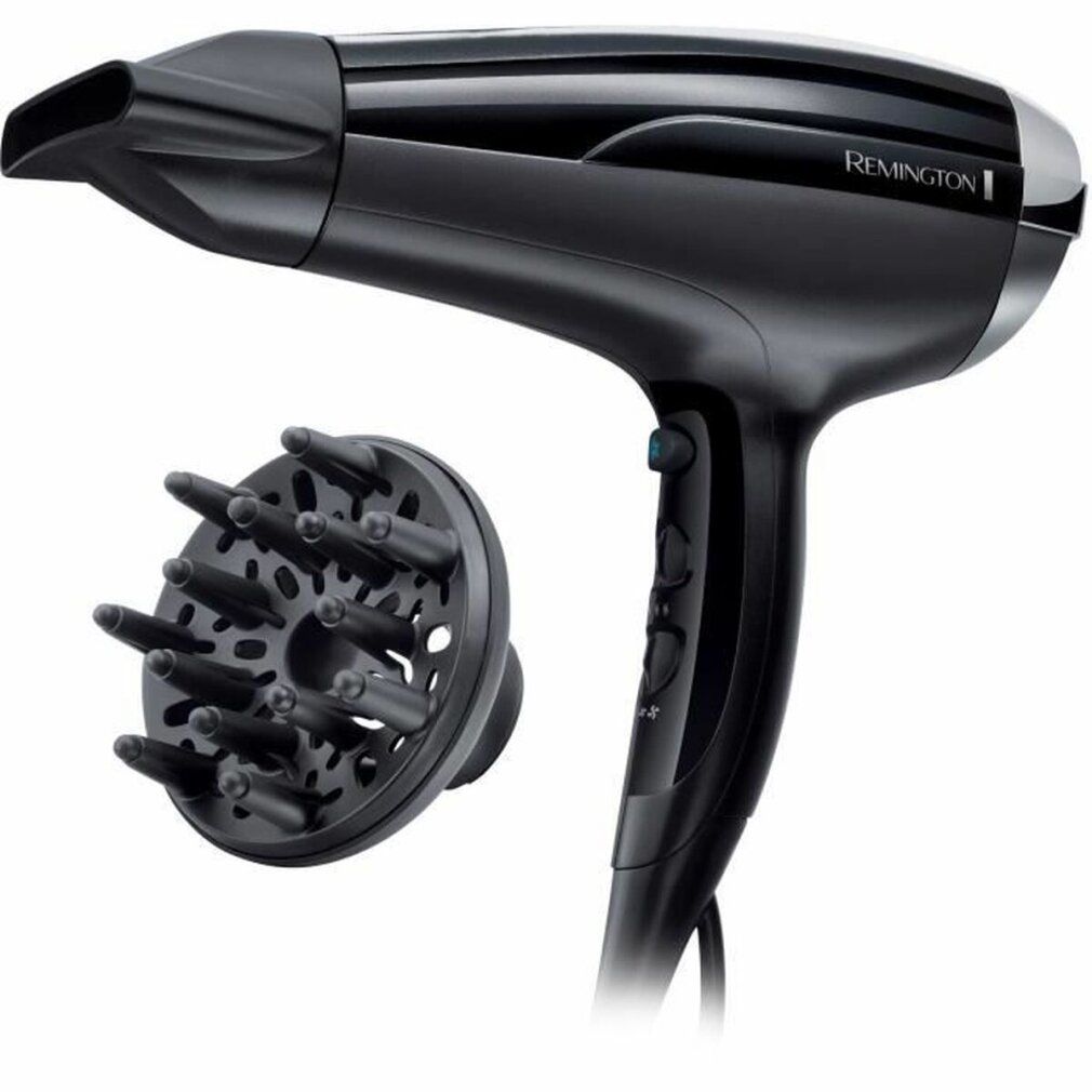 Schwarzer Haartrockner mit Diffusor. Marke Remington. Seitliche Ansicht. Diffusor links.