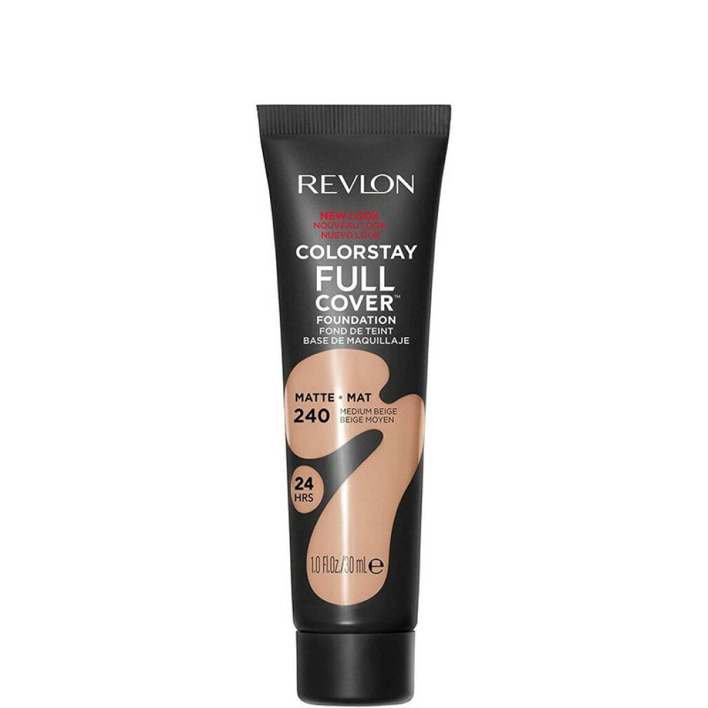 Revlon Colorstay Full Cover Foundation, Tube, Farbton 240 Medium Beige. Schwarze Tube mit Produktinformationen und Farbabbildung.