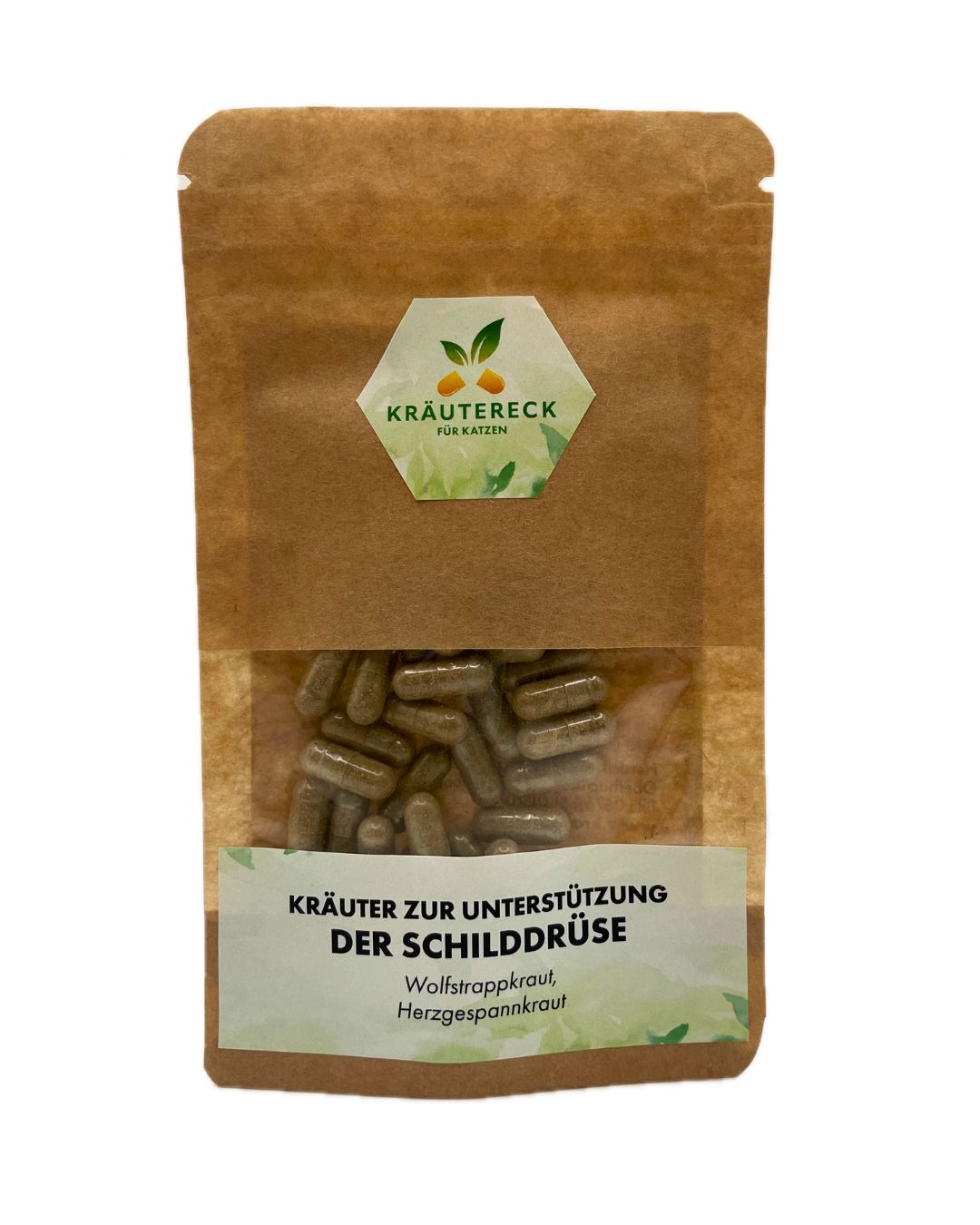 Braune Papierverpackung mit Kräuterkapseln. Sichtbares Logo: Kräutereck. Text: Kräuter zur Unterstützung der Schilddrüse.