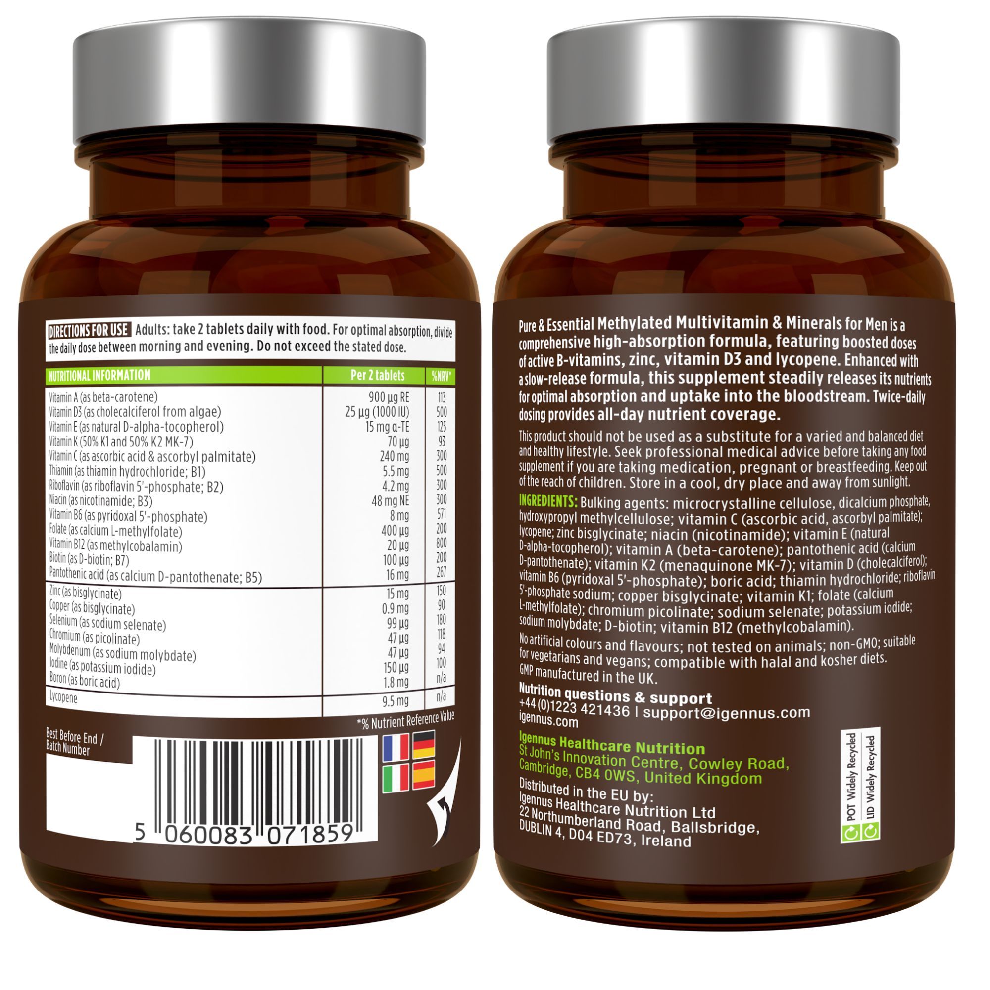 Zwei Flaschen mit Tabletten. Aufschrift: Methyliertes Multivitamin & Mineralien für Männer. Inhaltsstoffangaben.