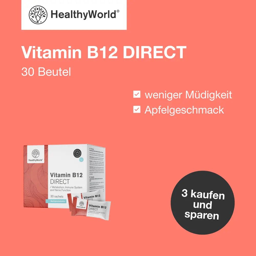 HealthyWorld Vitamin B12 DIRECT 1000 µg – Pulversticks mit Apfelgeschmack