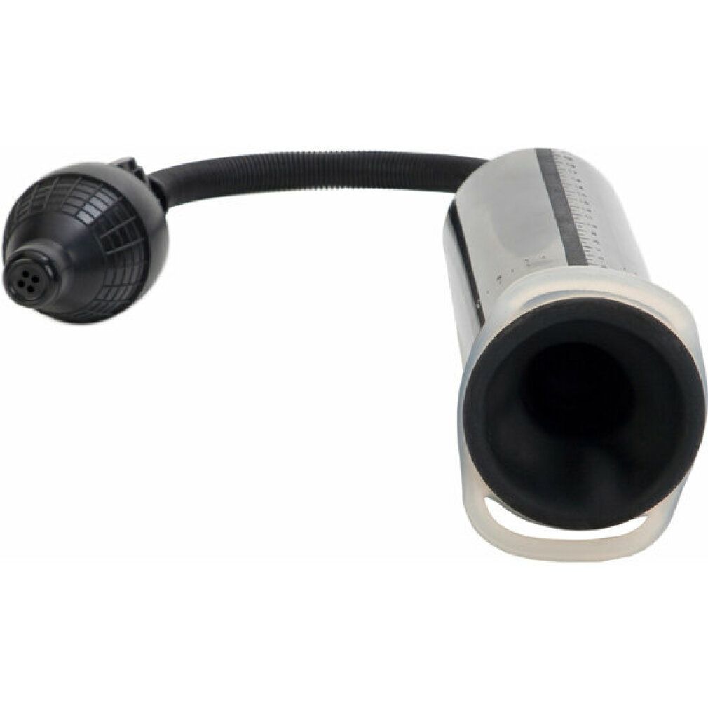 Zylinder mit Skala und schwarzem Pumpball. Schwarzer Trichter. Weißer Ring am Ende. Produkt für Intimgesundheit.