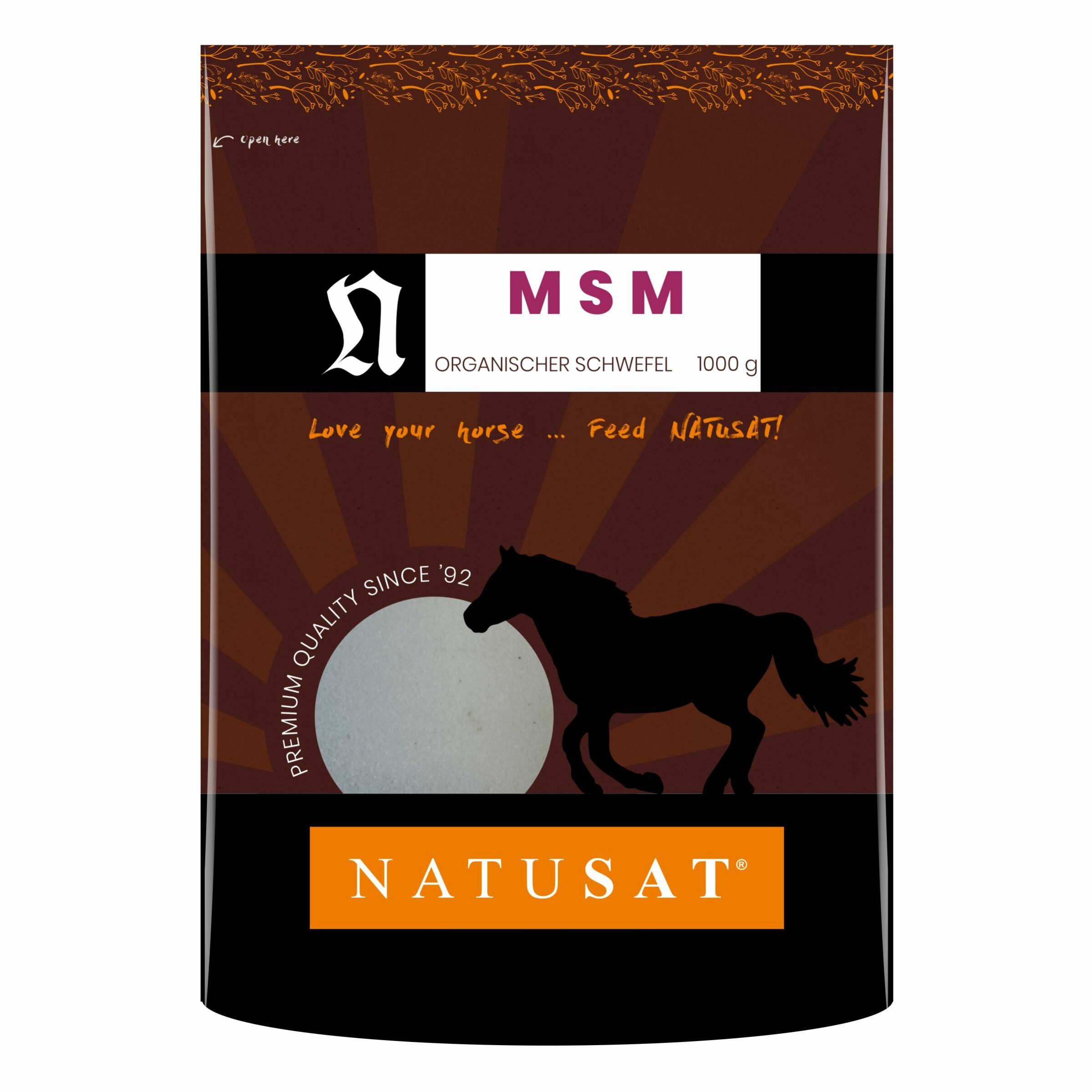 Beutel mit MSM. Aufschrift: Organischer Schwefel, 1000 g. Logo und Pferdesilhouette. Text: Love your horse... NATUSAT!
