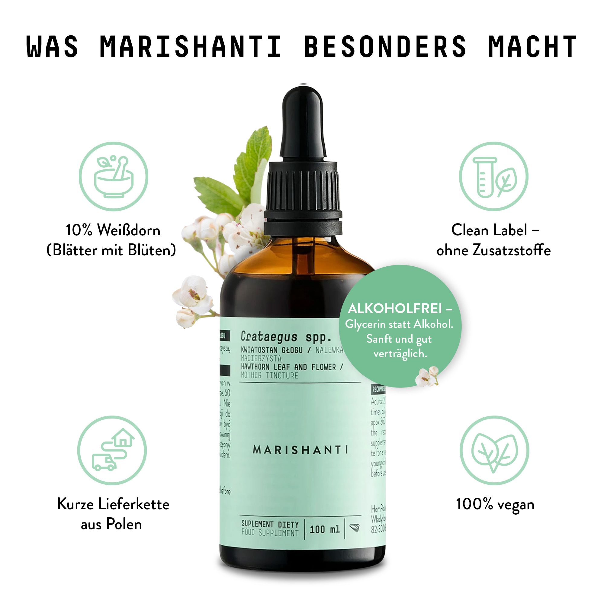 Braune Flasche mit Pipette. Text: Marishanti Weißdorn Extrakt. 10% Weißdorn. Ohne Alkohol. 100% vegan.