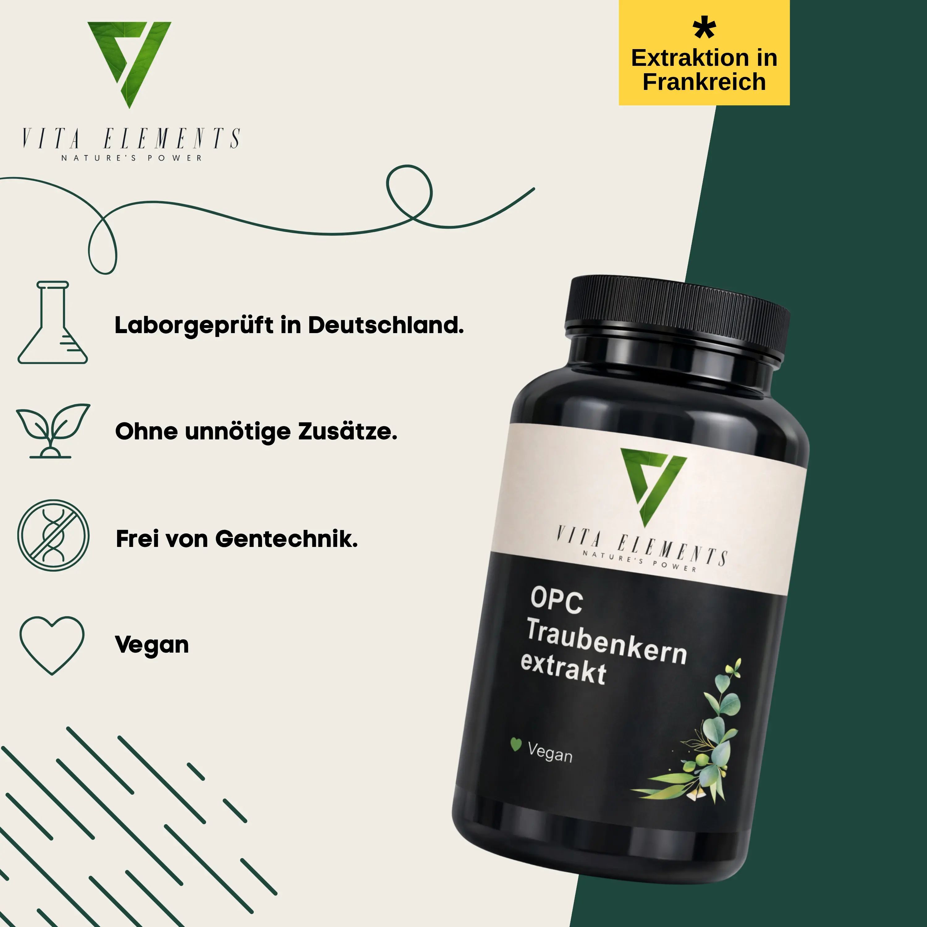 Vita Elements OPC Traubenkernextrakt Kapseln. Laborgeprüft, ohne Zusätze, gentechnikfrei, vegan. Extraktion in Frankreich.