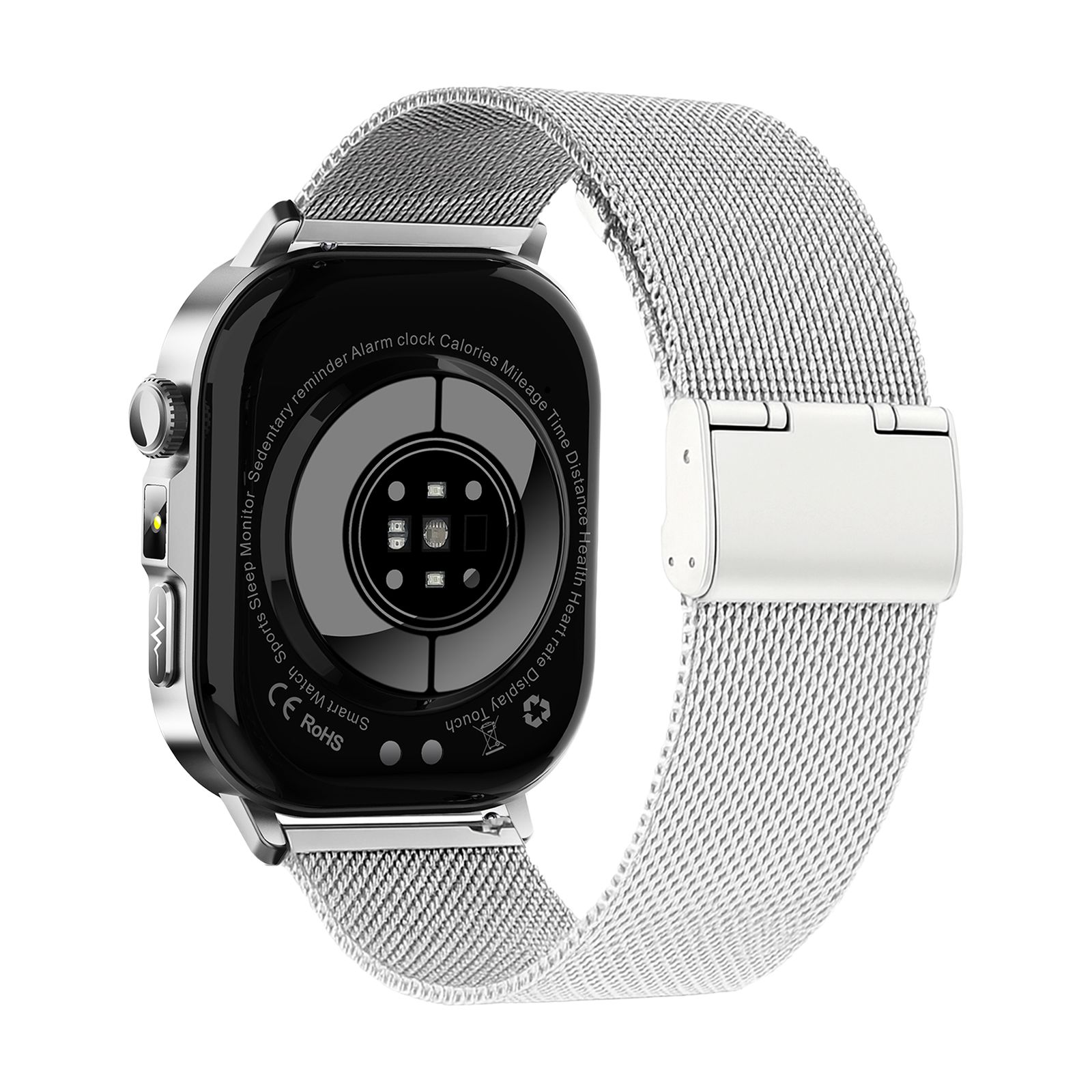 Rückseite einer silbernen Smartwatch mit silbernem Mesh-Armband. Sensoren und CE/RoHS-Zeichen sichtbar.