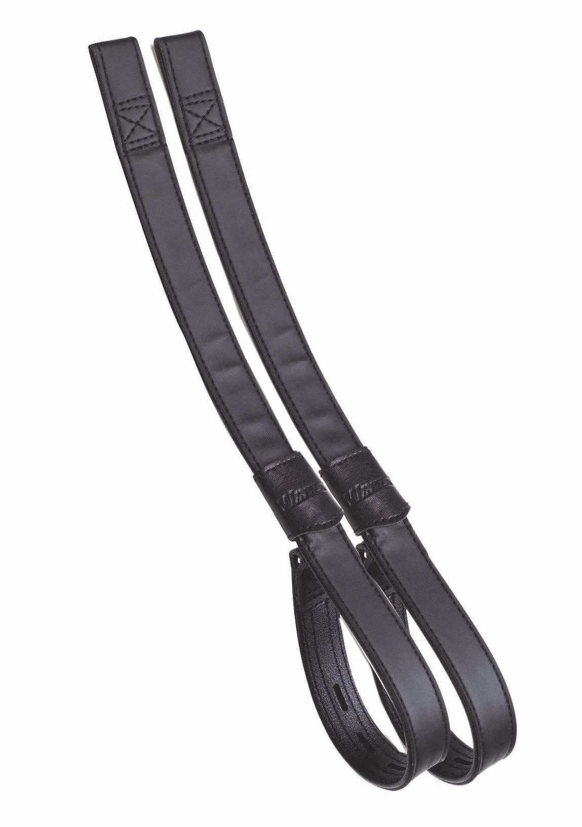 Zwei schwarze Wintec Webbers Steigbügelriemen. Lederoptik, mit Logo.