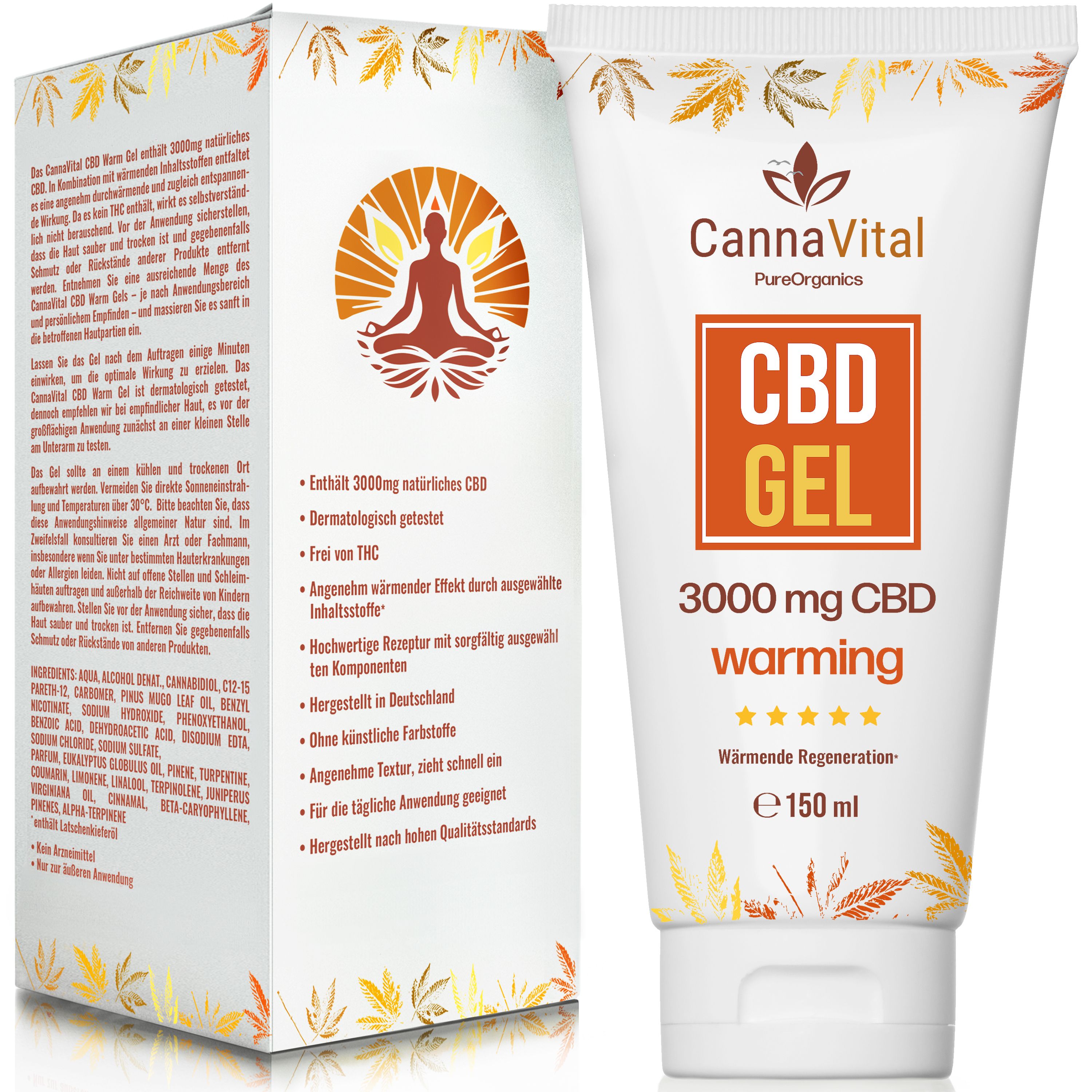Produktverpackung mit Tube und Karton. Text: CBD GEL, 3000 mg CBD warming. Karton mit Produktinformationen und Logo.