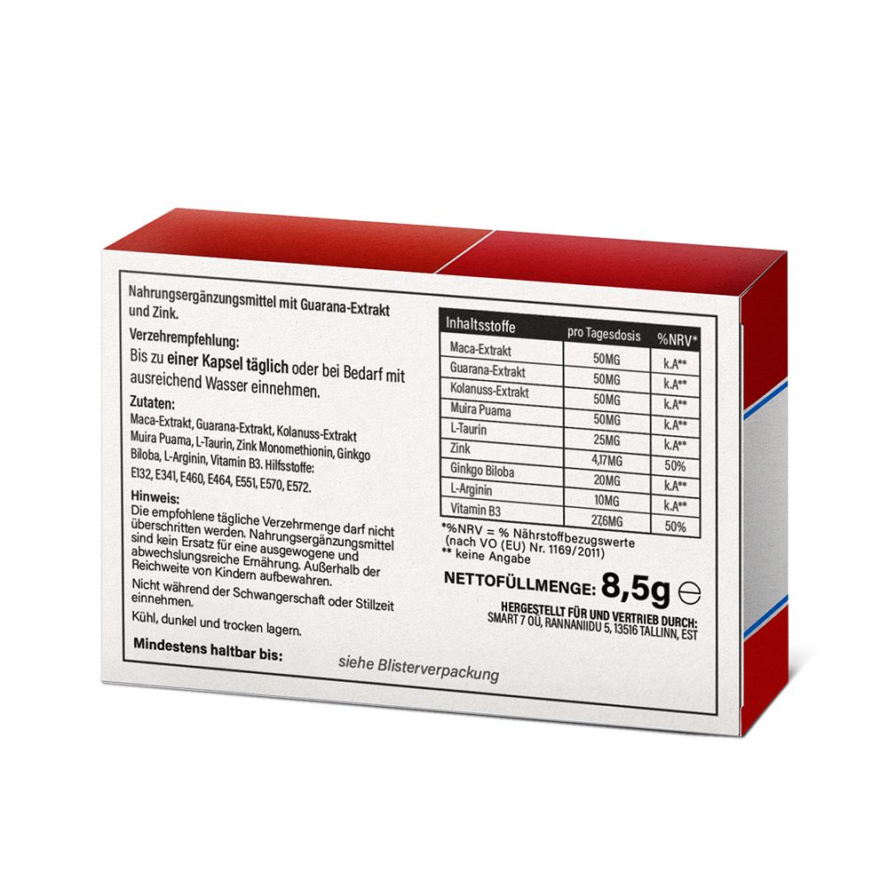 Rückseite der Verpackung mit Inhaltsstoffangaben und Nährwerttabelle. Enthält Informationen zu Inhaltsstoffen und Dosierung.