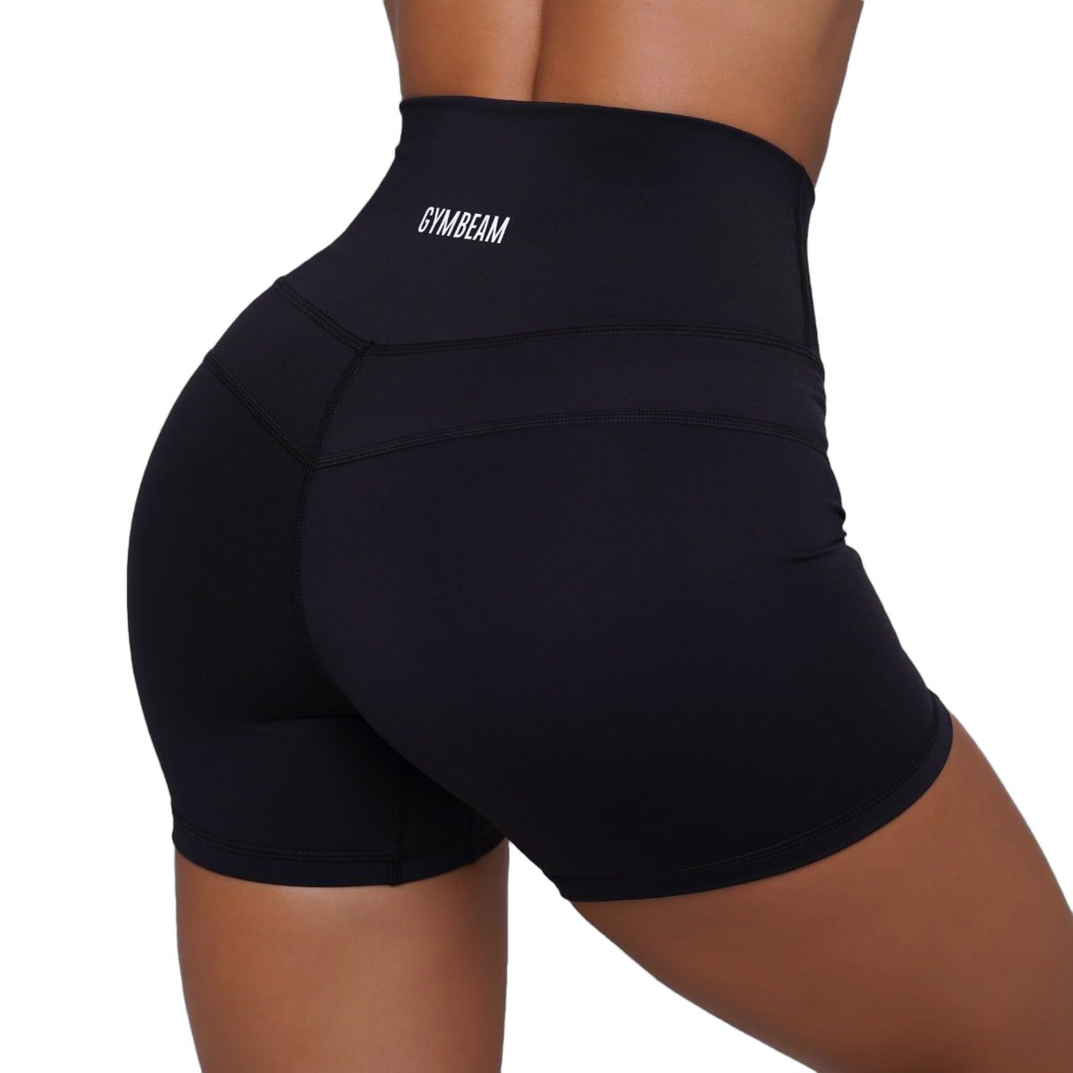 Rückansicht schwarzer Damen-Shorts mit hohem Bund und Logo-Schriftzug.